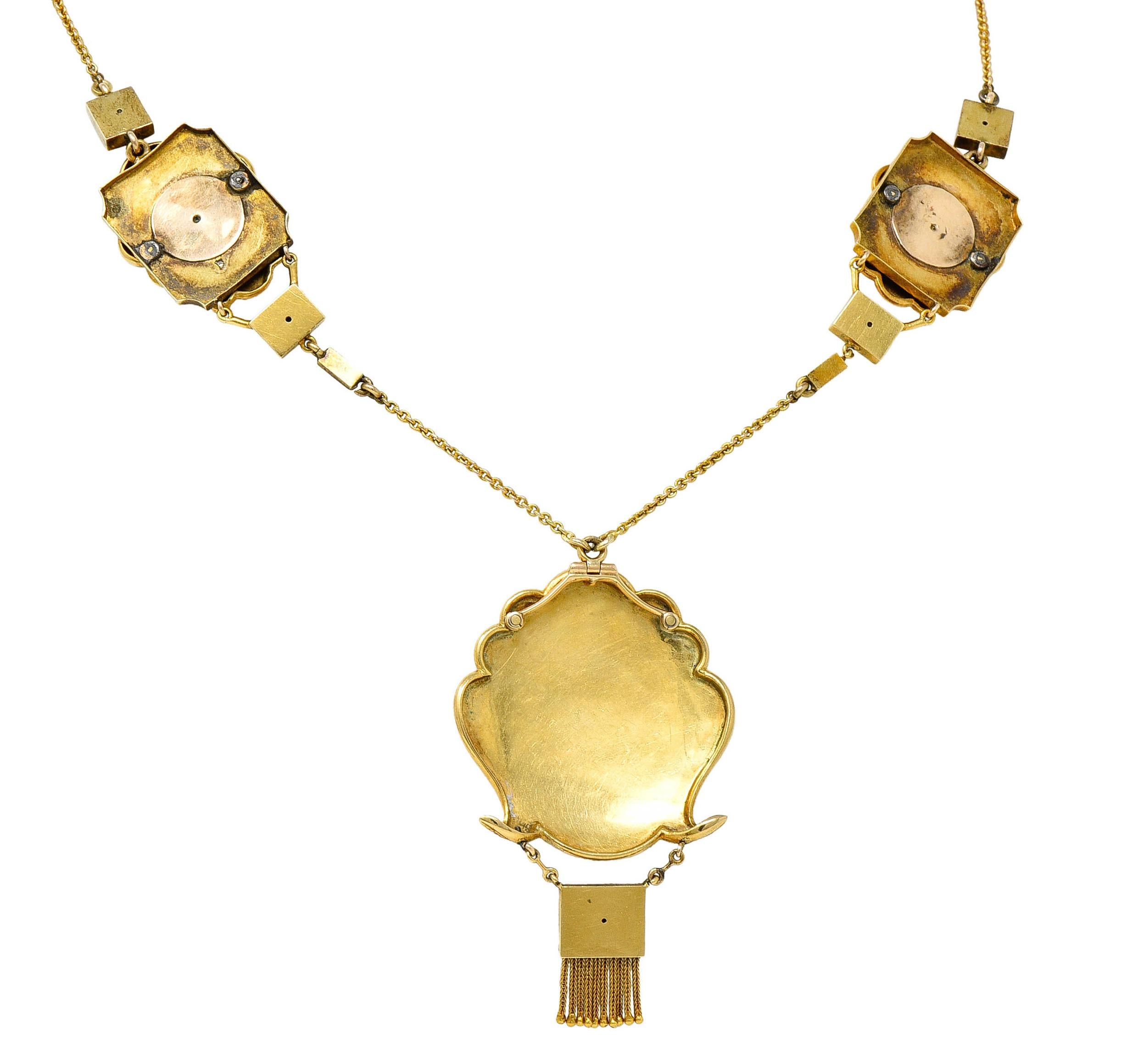 Rose Cut 1870's Egyptian Revival Enamel Diamond 18 Karat Gold Goddess Victorian Necklace