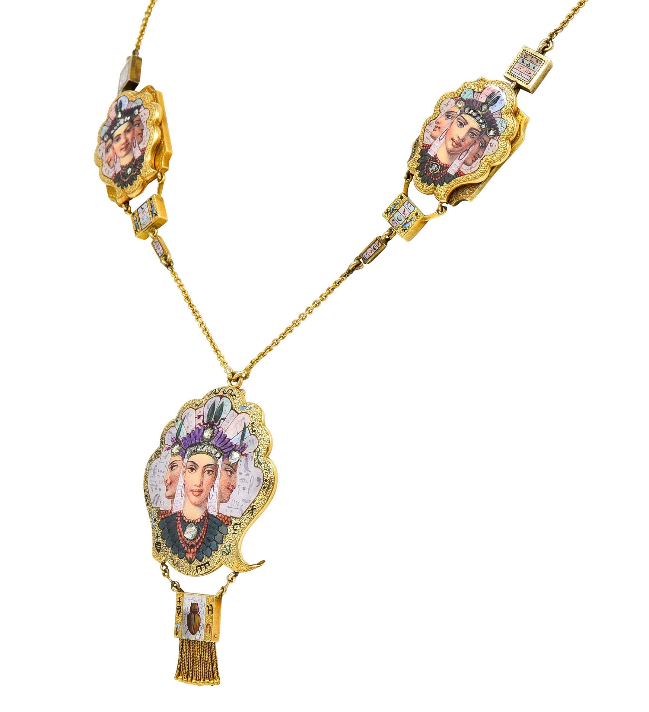 1870's Egyptian Revival Enamel Diamond 18 Karat Gold Goddess Victorian Necklace In Excellent Condition In Philadelphia, PA