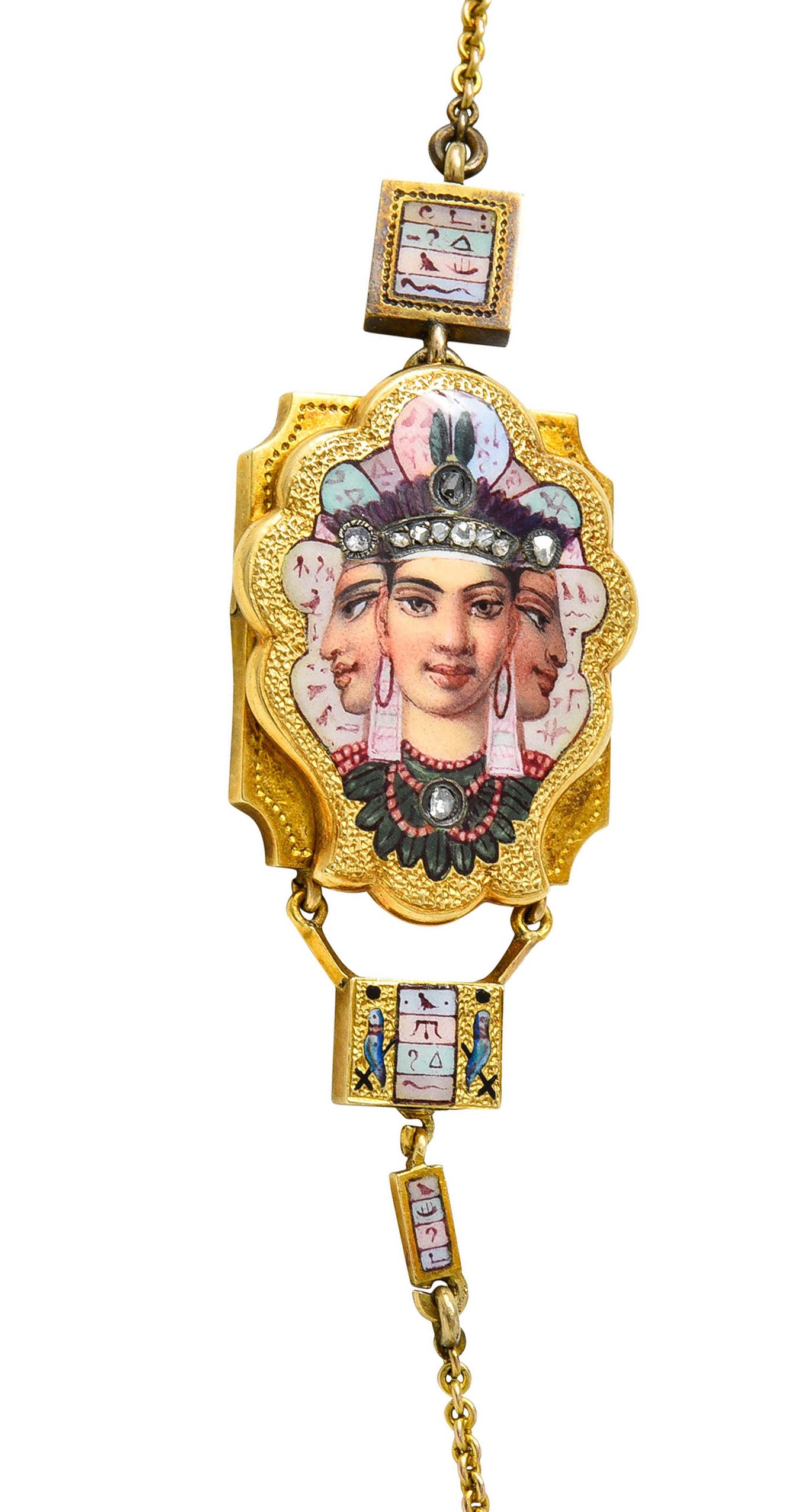 Women's or Men's 1870's Egyptian Revival Enamel Diamond 18 Karat Gold Goddess Victorian Necklace