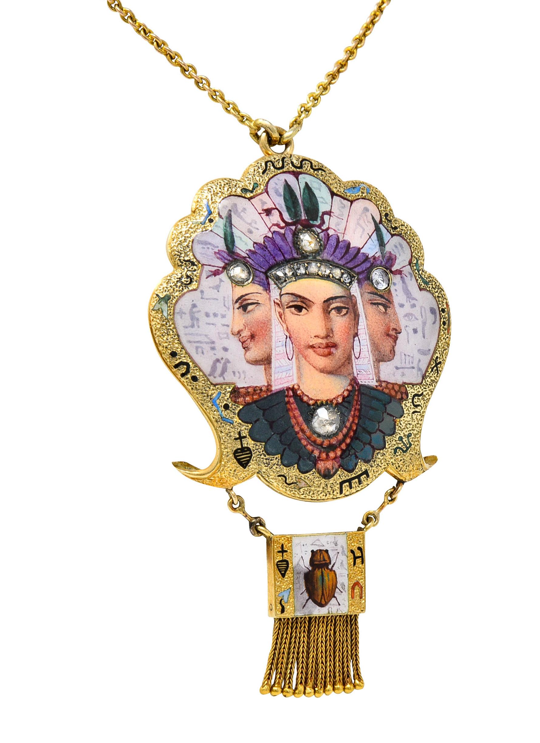 1870's Egyptian Revival Enamel Diamond 18 Karat Gold Goddess Victorian Necklace 1