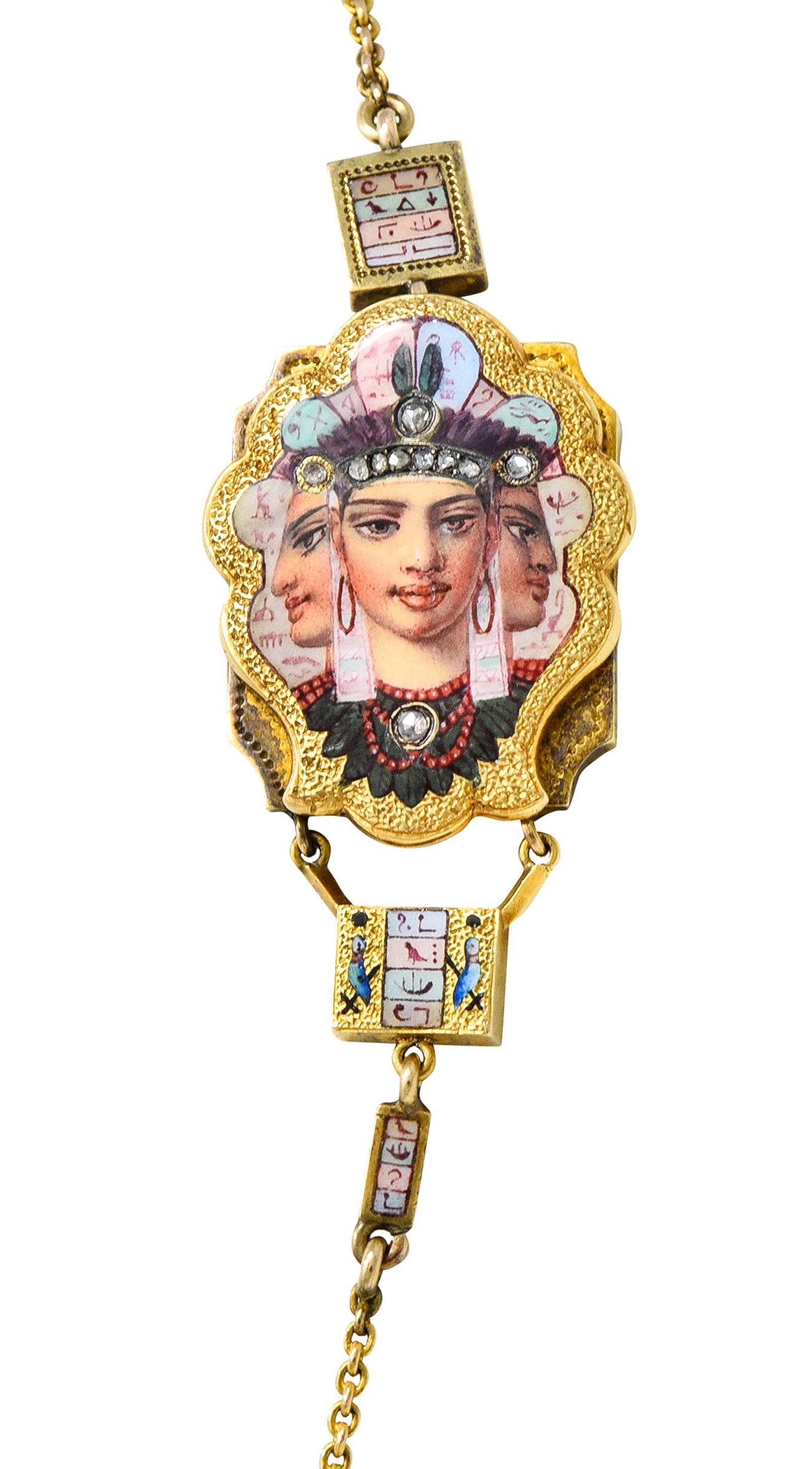 1870's Egyptian Revival Enamel Diamond 18 Karat Gold Goddess Victorian Necklace 2