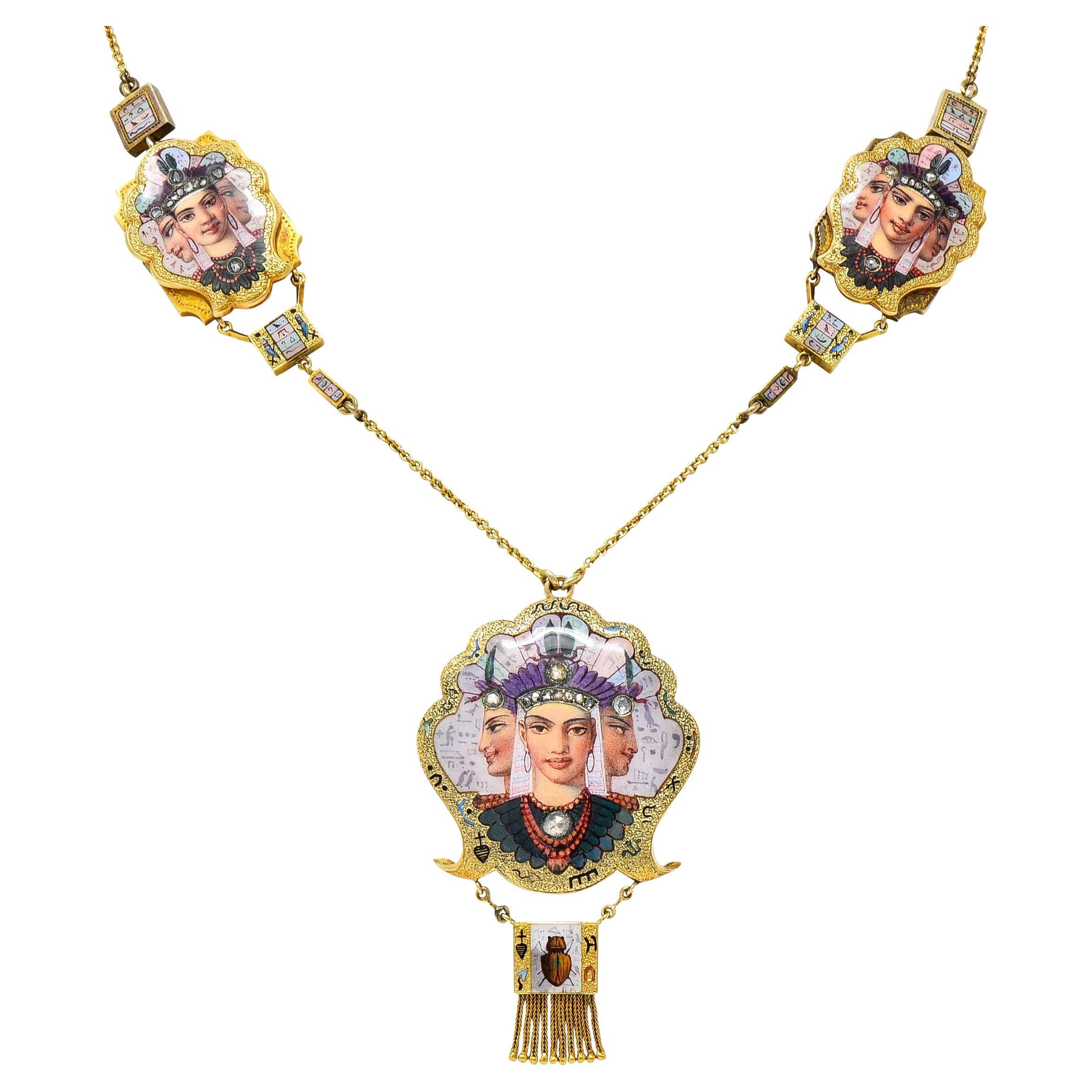 1870's Egyptian Revival Enamel Diamond 18 Karat Gold Goddess Victorian Necklace