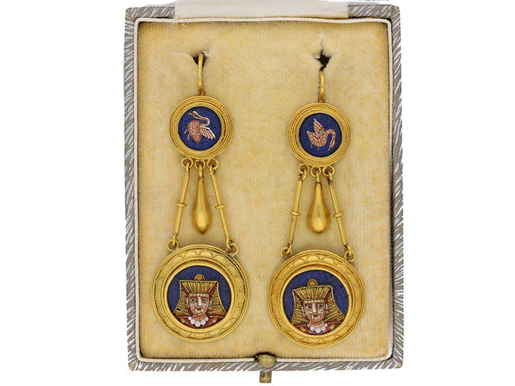 Victorian 1870s Egyptian Revival Micro Mosaic Gold Ear Pendants For Sale