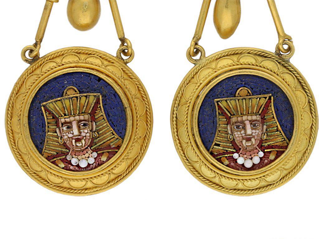 1870s Egyptian Revival Micro Mosaic Gold Ear Pendants In Good Condition For Sale In London, GB