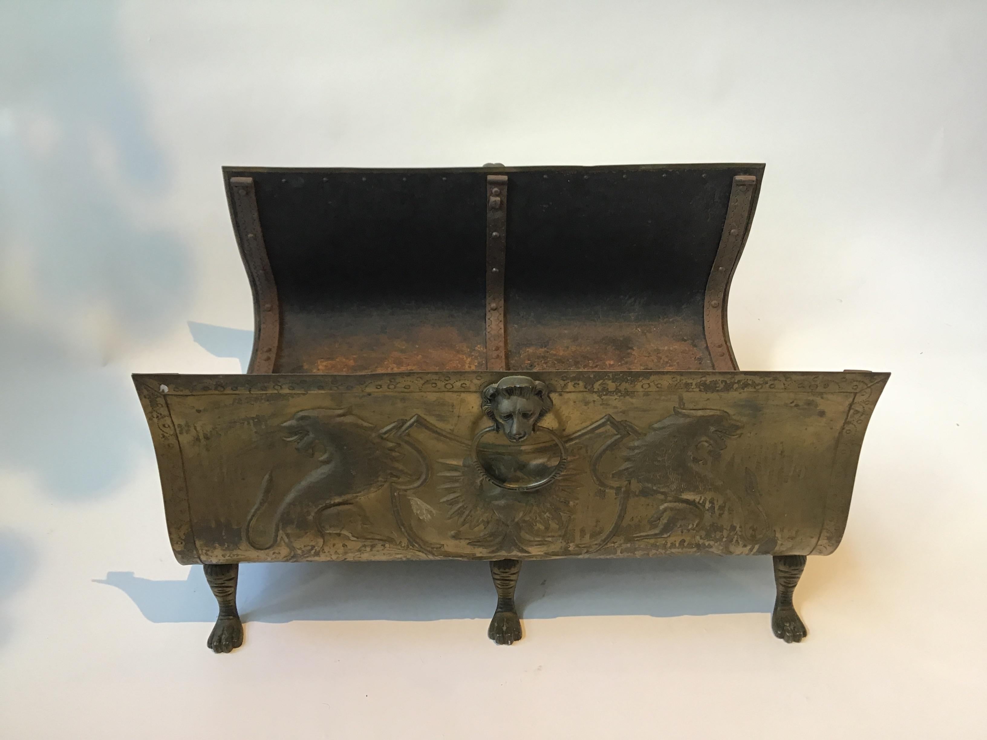 1870s English brass large log holder. Purchased from a Southampton, NY oceanfront estate.