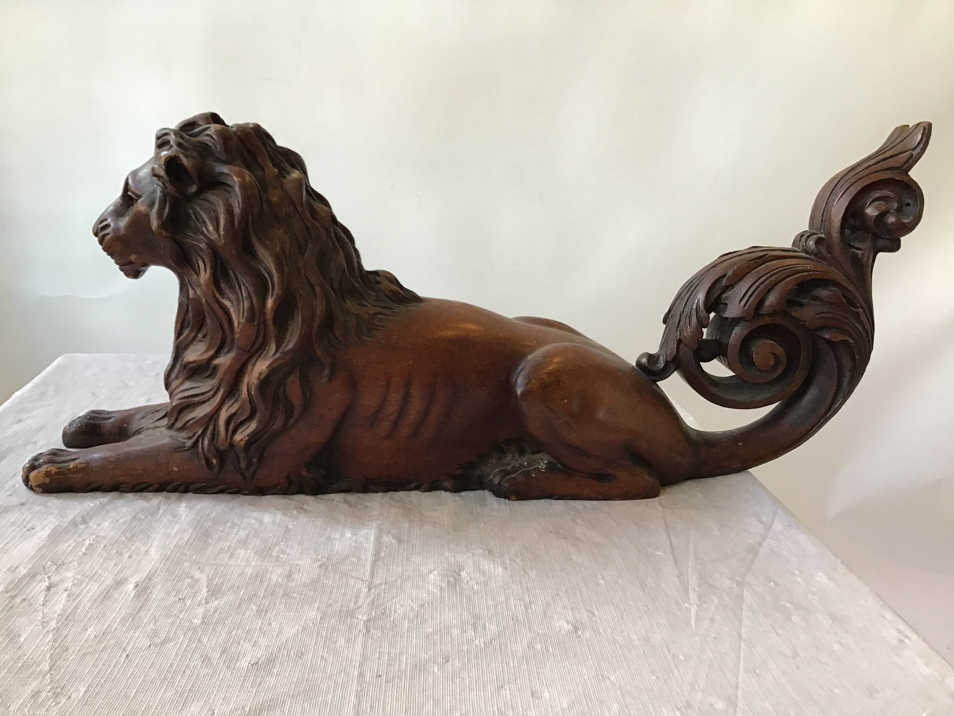 1870s English hand carved wood Lion. From a celebrities Southampton, NY oceanfront estate.