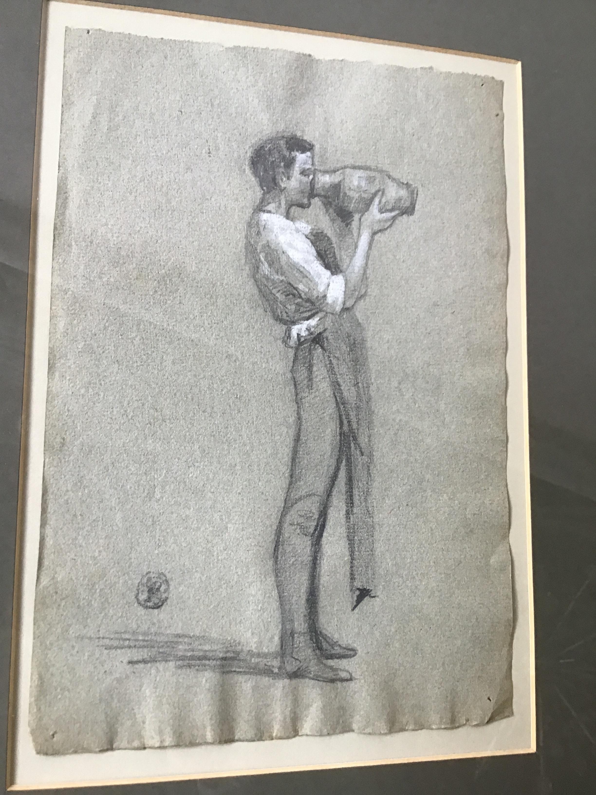 1870s English charcoal drawing of a young man wearing a workers smock.