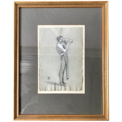 Antique 1870s English Charcoal Drawing of a Young Man