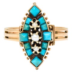 1870's Etruscan Revival Turquoise Pearl 14 Karat Rose Gold Navette Ring