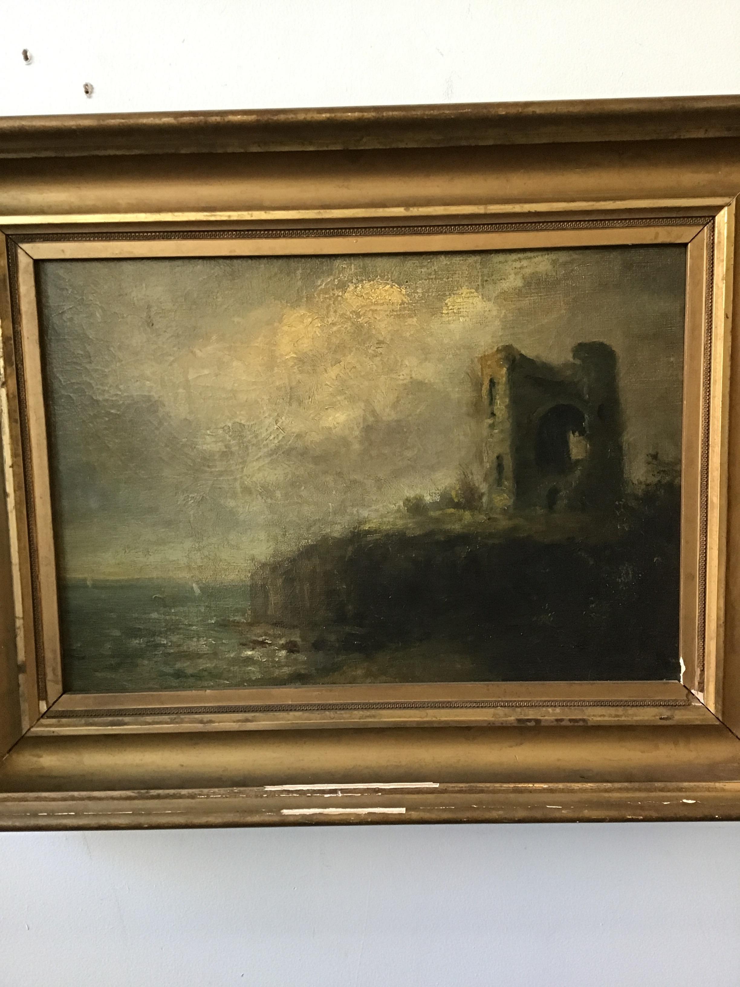 1870s European castle painting. Boats in the background, unsigned. Oil on canvas. This painting was relined and put on a newer stretcher. Painting needs a cleaning, it looks a little lighter in the pictures.