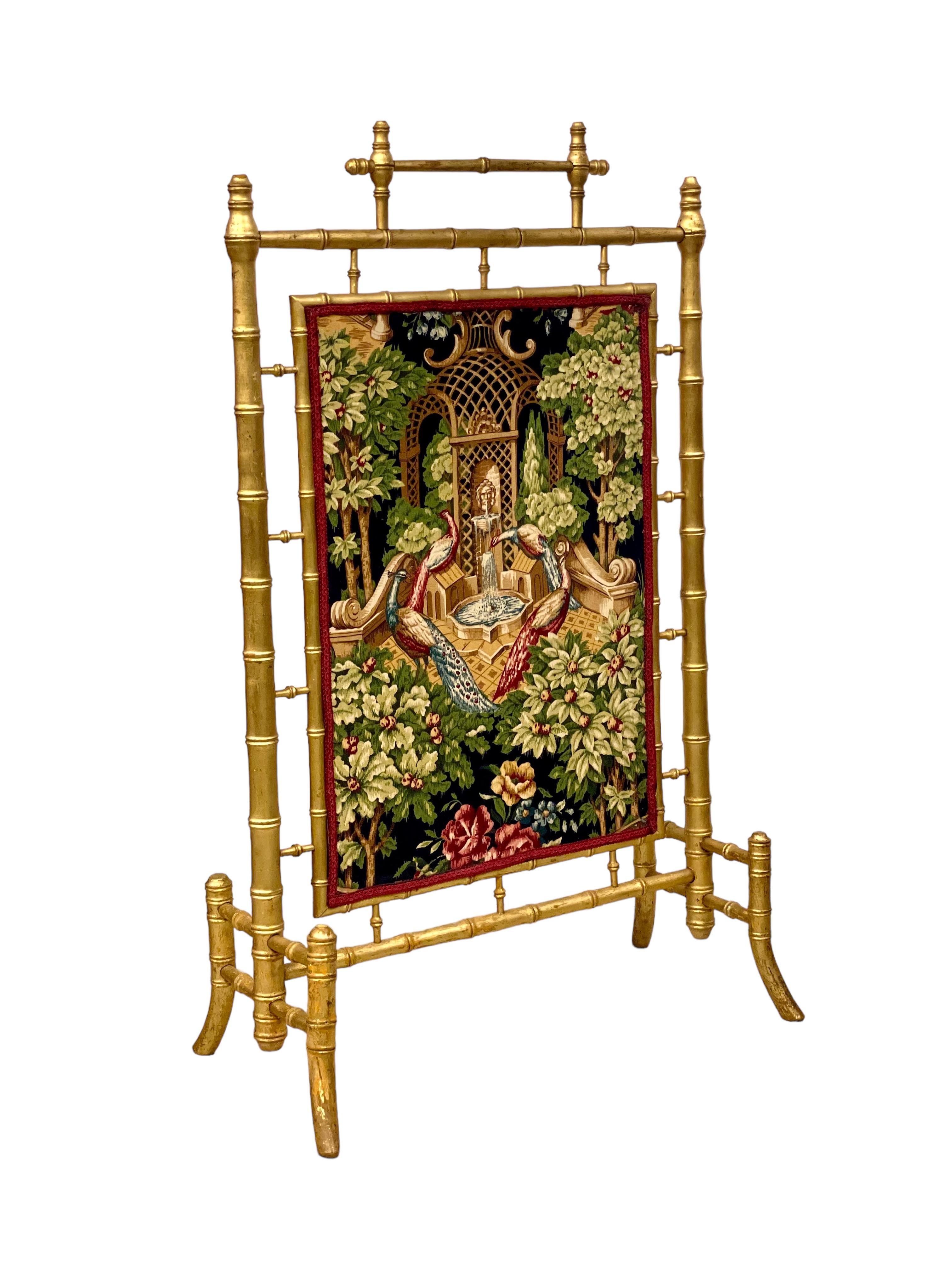 1870s Faux Bamboo Giltwood Firescreen with Tapestry Panels For Sale 8
