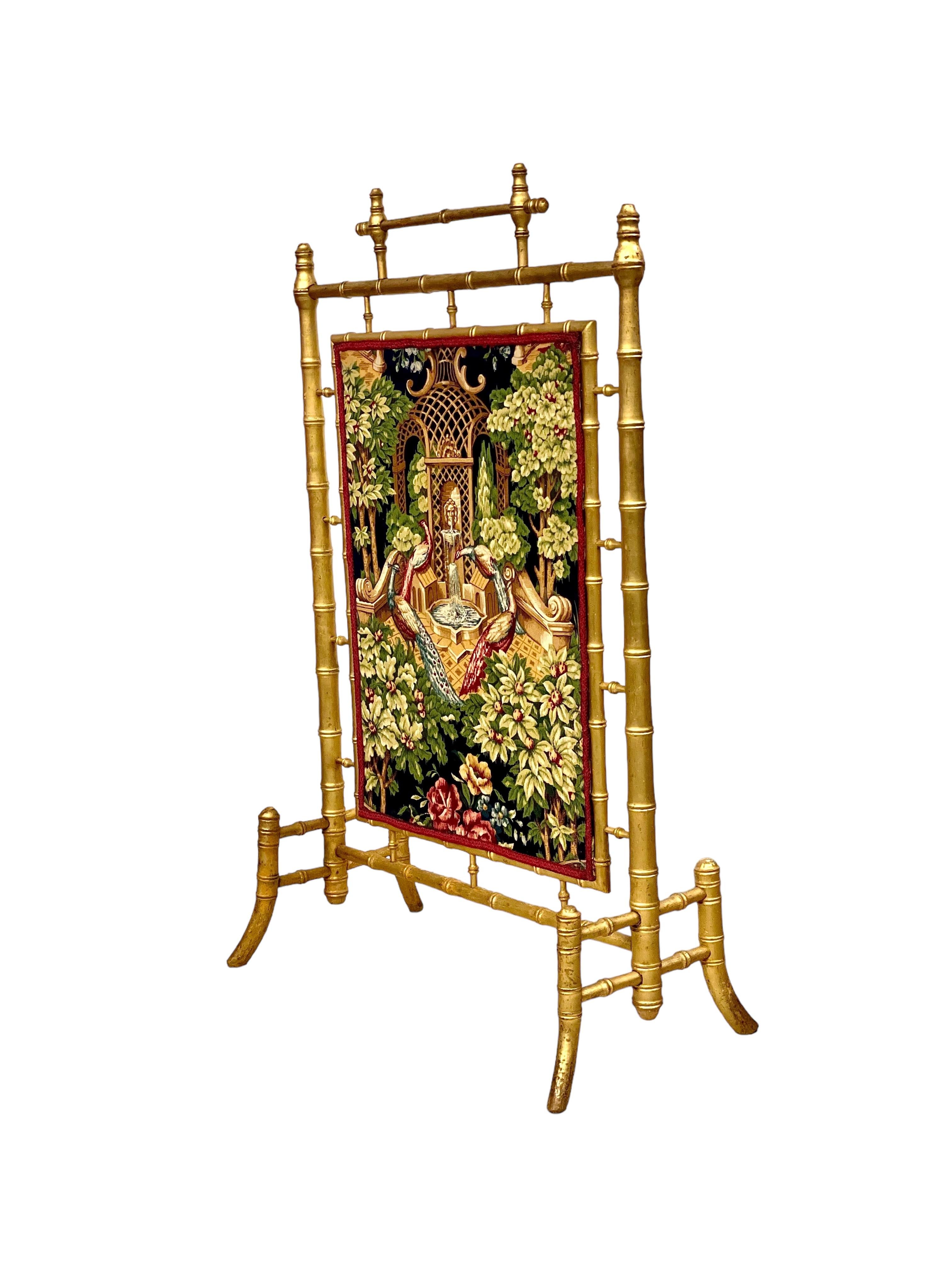 1870s Faux Bamboo Giltwood Firescreen with Tapestry Panels For Sale 10
