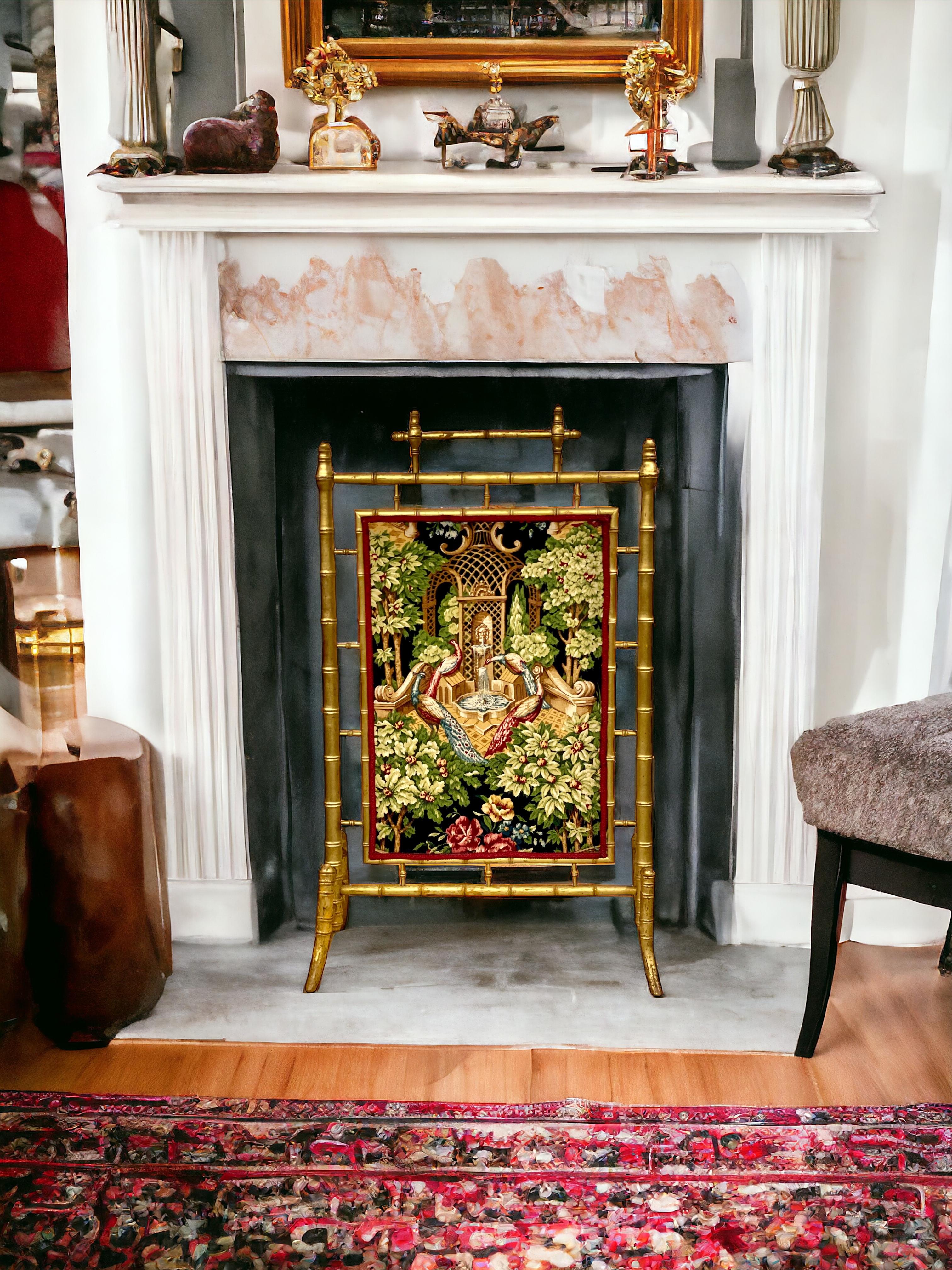 1870s Faux Bamboo Giltwood Firescreen with Tapestry Panels For Sale 11