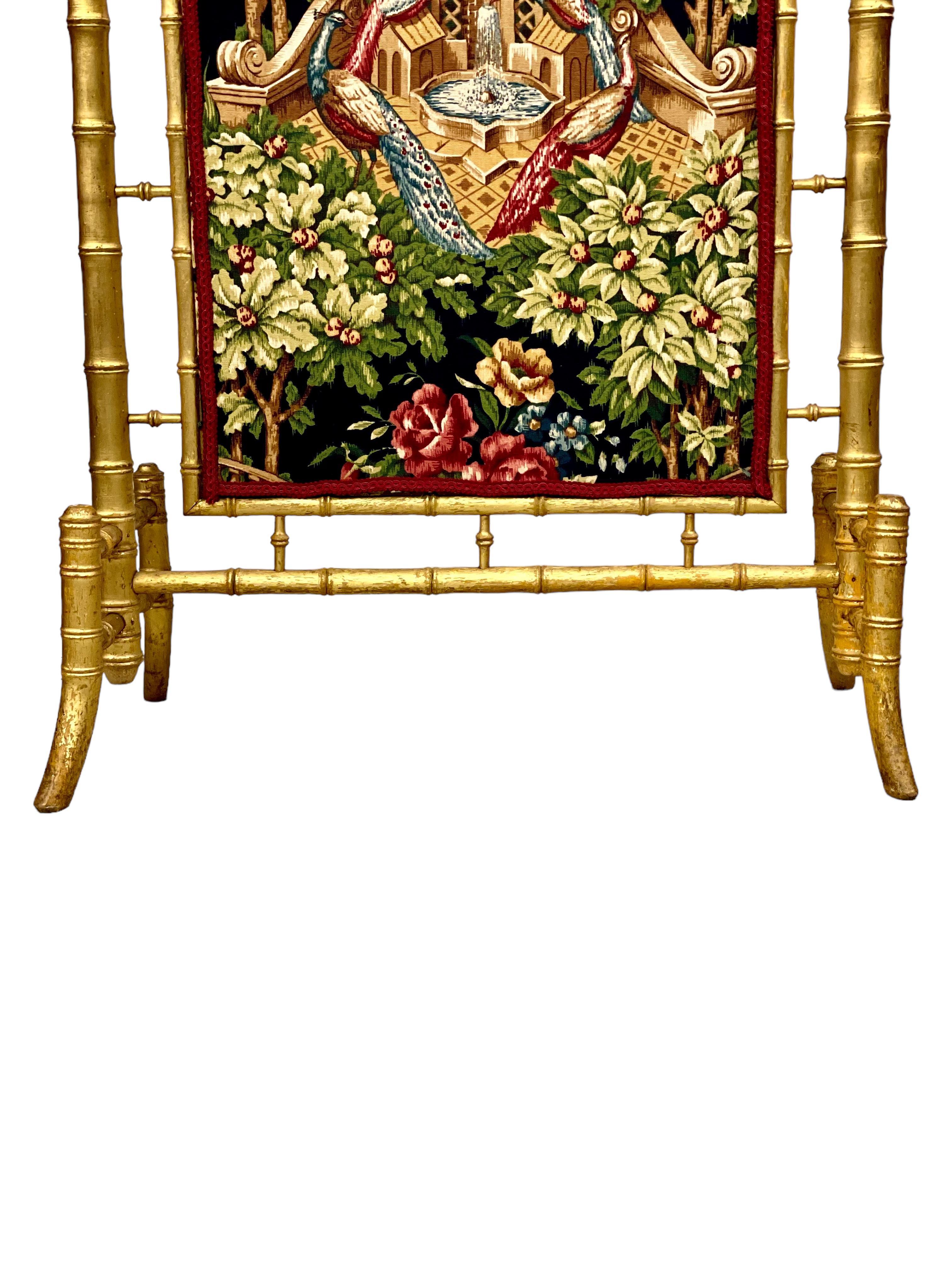 1870s Faux Bamboo Giltwood Firescreen with Tapestry Panels For Sale 2