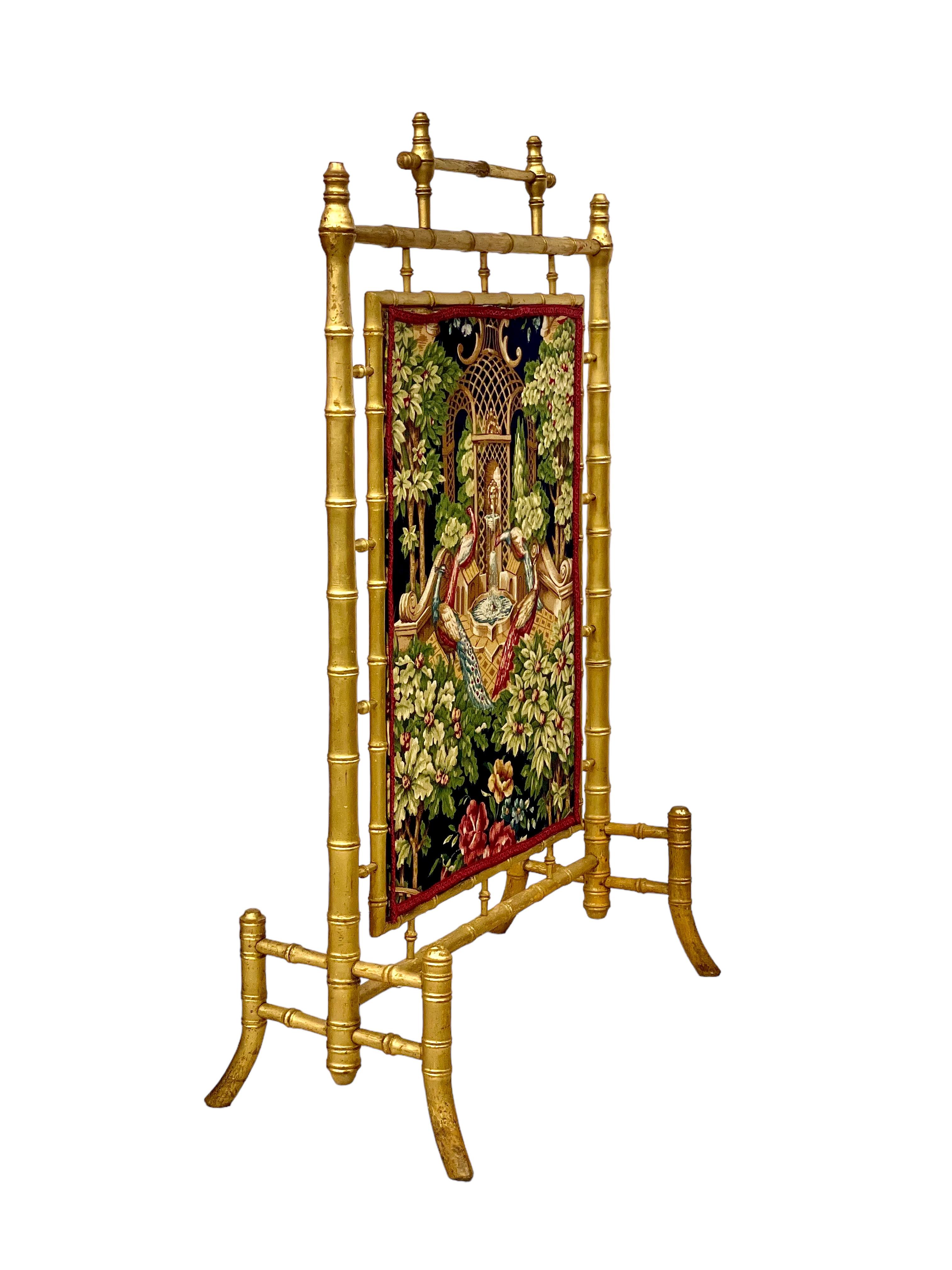 1870s Faux Bamboo Giltwood Firescreen with Tapestry Panels For Sale 3