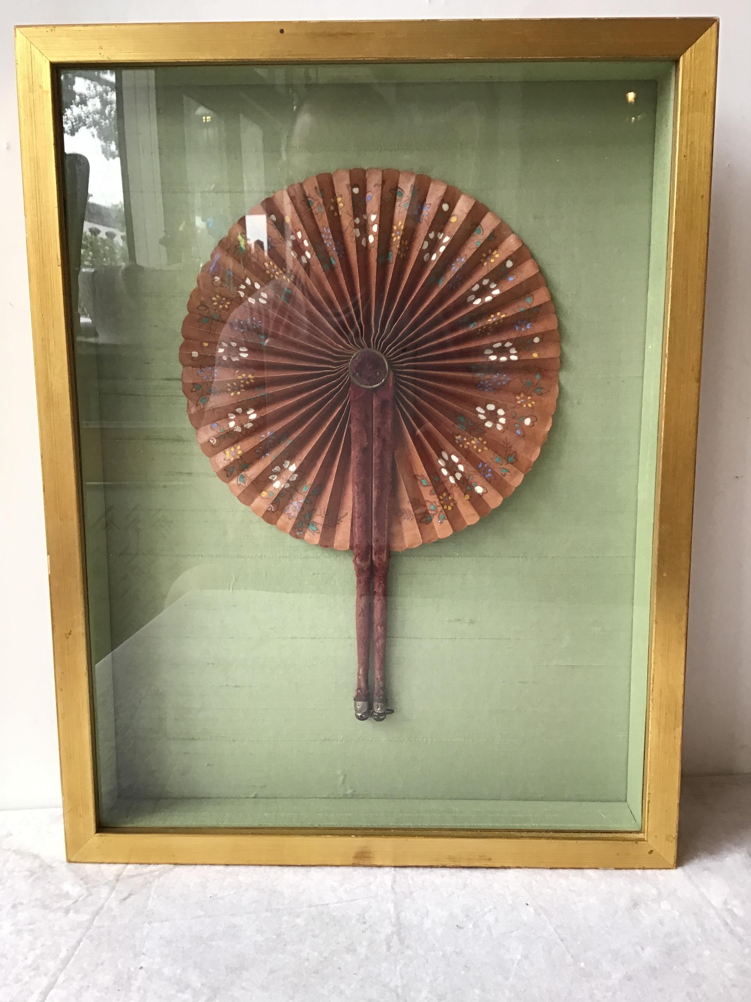 Hand painted 1870s fan, framed in a shadow box, velvet handles, sterling tips.