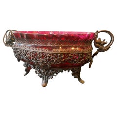 1870s French Brass Encased  Cranberry Glass Centerpiece