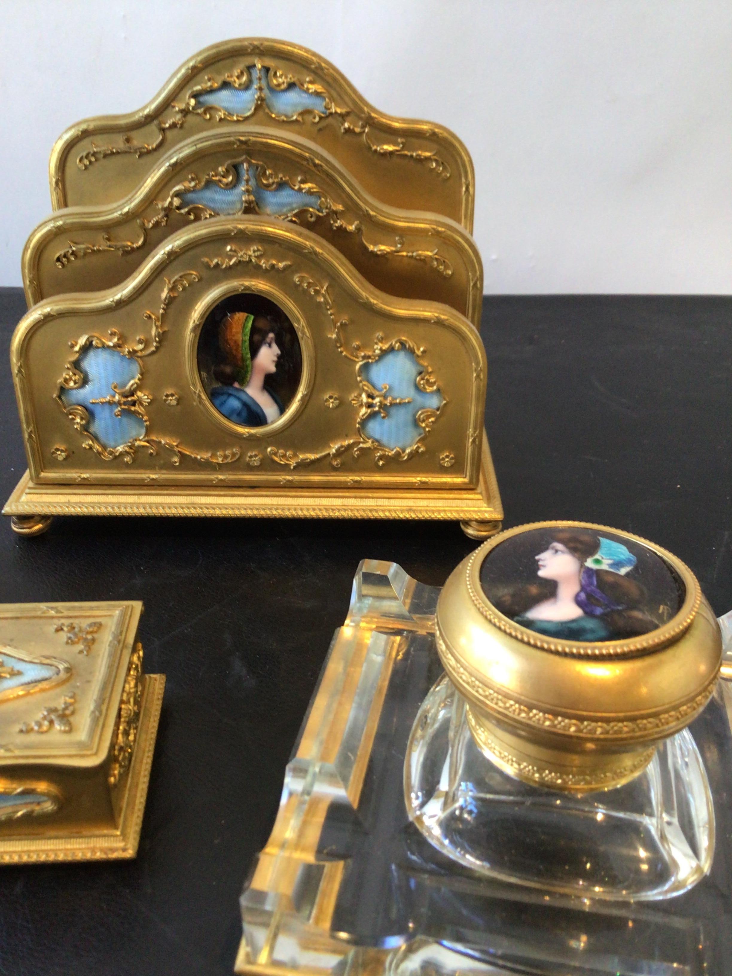 1870s French bronze and enamel inkwell set. 6 pieces. Painted portraits.
