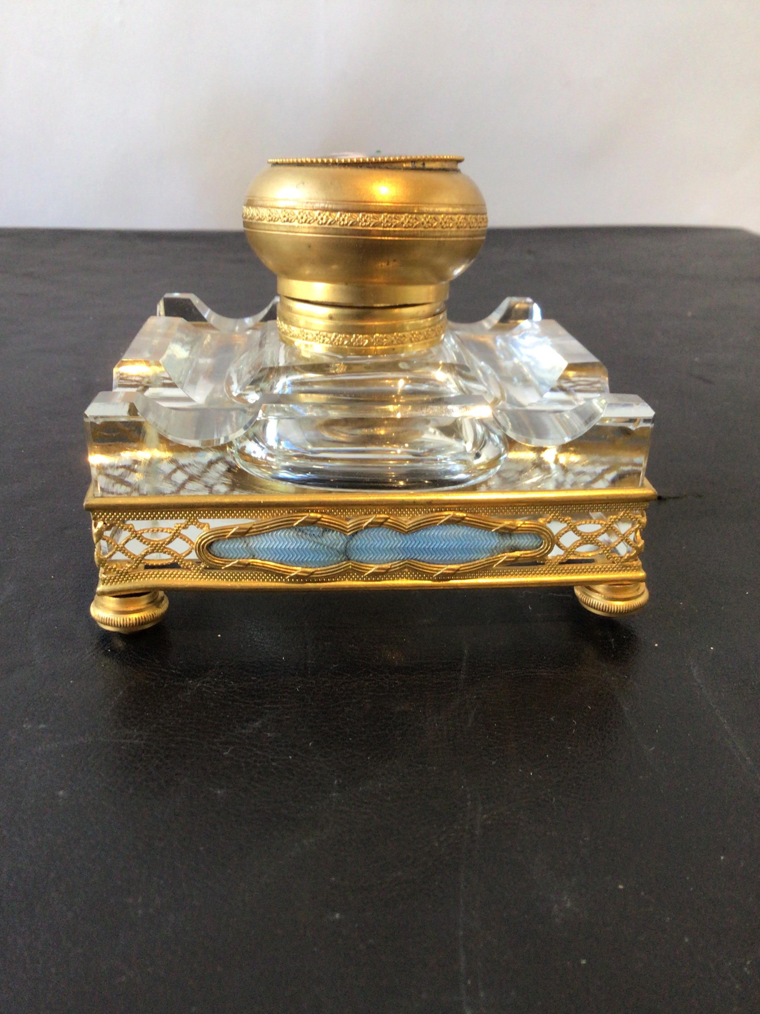 1870s French Bronze and Enamel Inkwell Set In Fair Condition For Sale In Tarrytown, NY