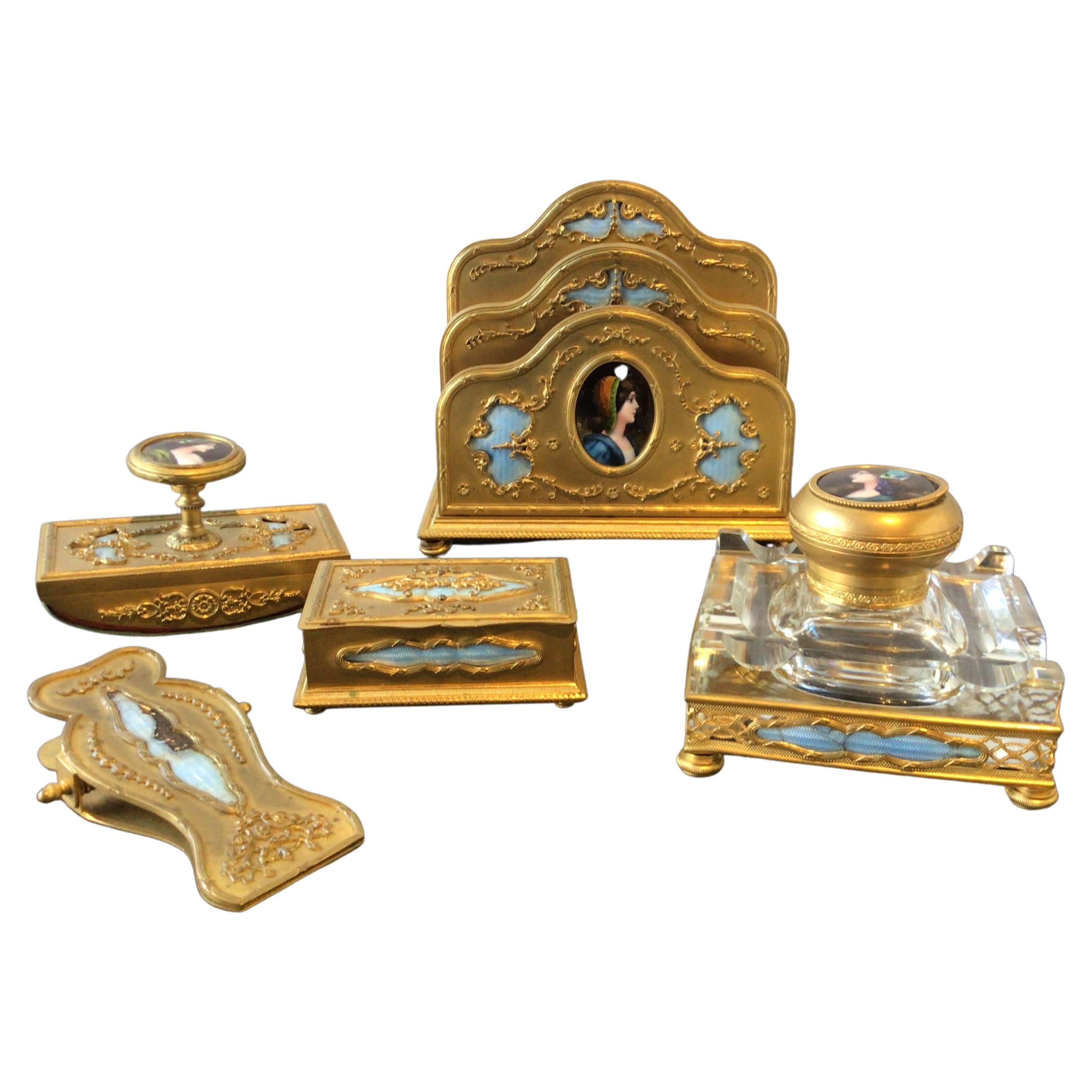 1870s French Bronze and Enamel Inkwell Set For Sale