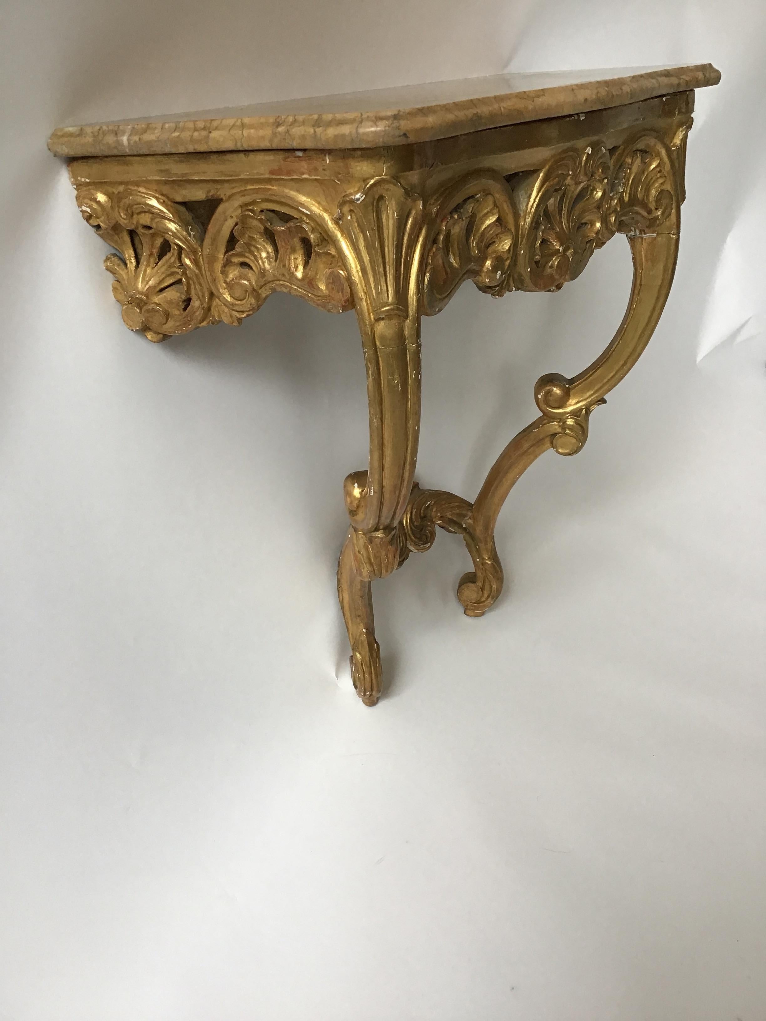 Late 19th Century 1870s French Giltwood Marble Top Wall Console