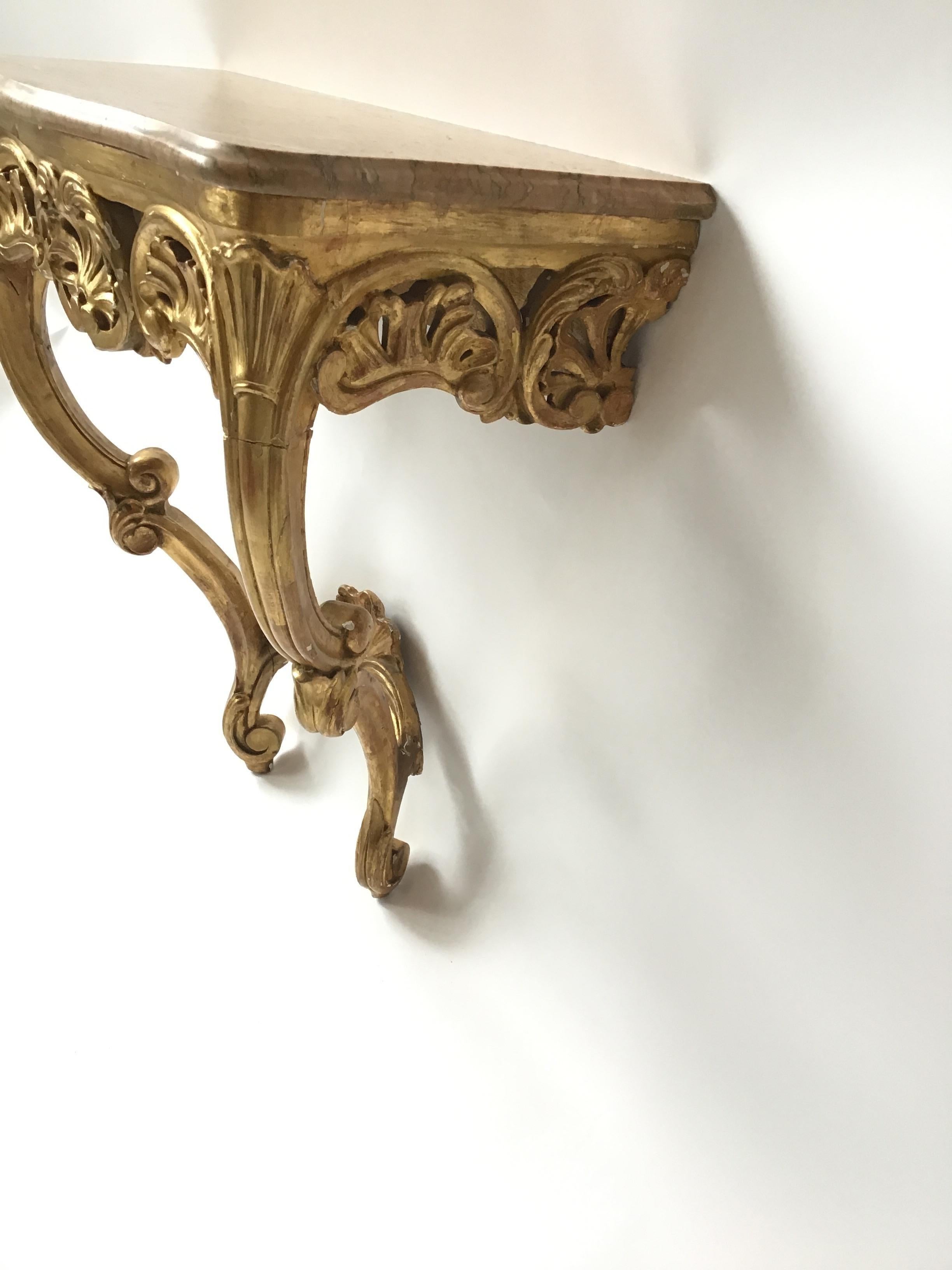 Wood 1870s French Giltwood Marble Top Wall Console