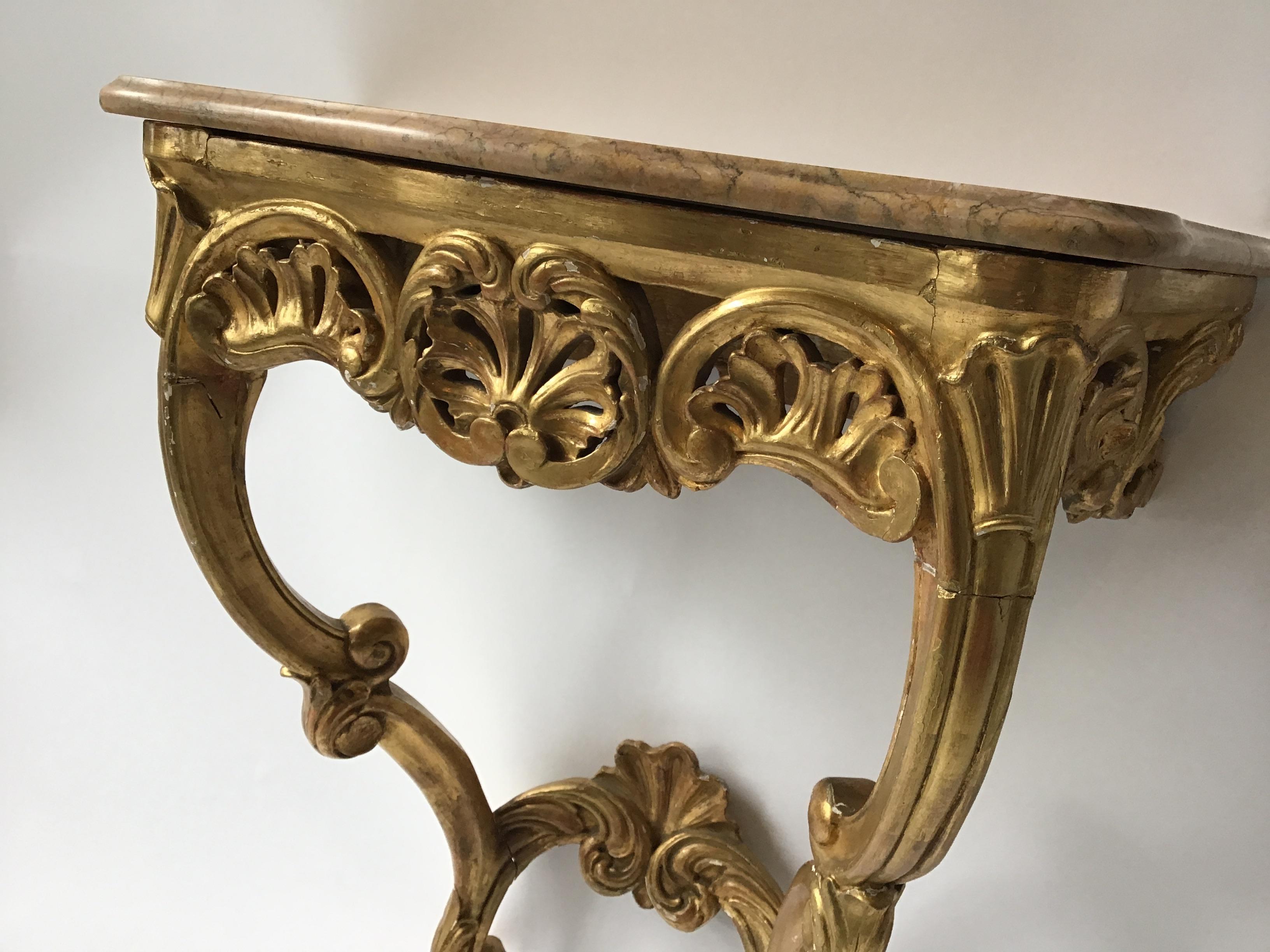 1870s French Giltwood Marble Top Wall Console 1
