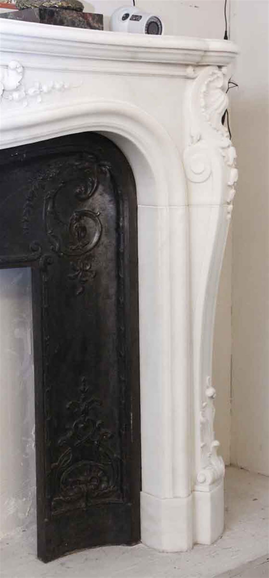 1870s French Heavily Hand Carved Marble Mantel with Cast Iron Insert 1