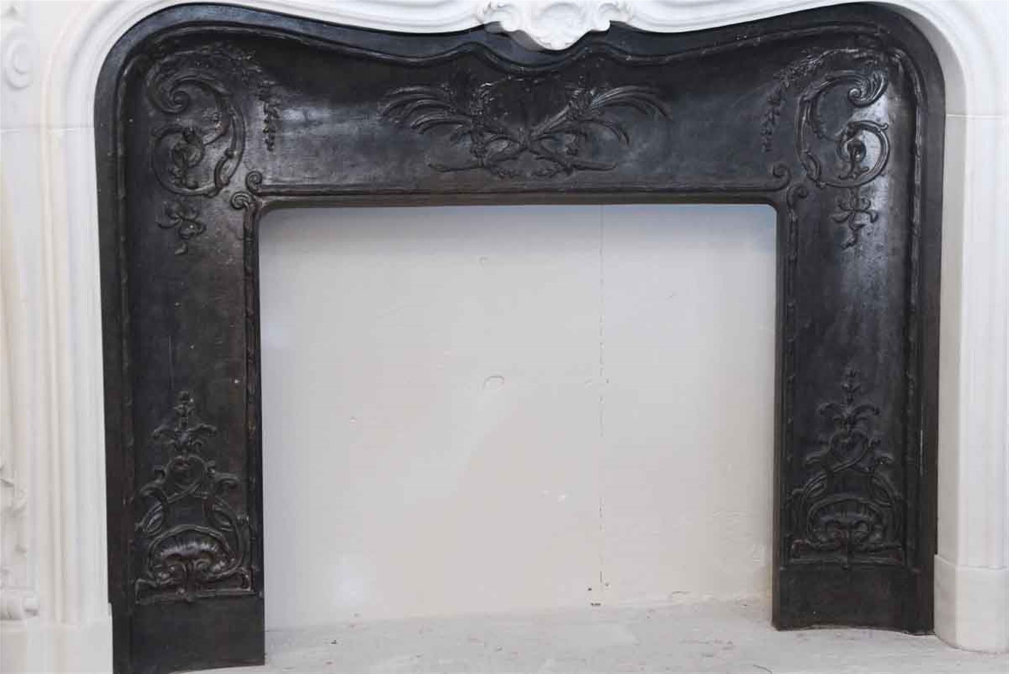 1870s French Heavily Hand Carved Marble Mantel with Cast Iron Insert 4