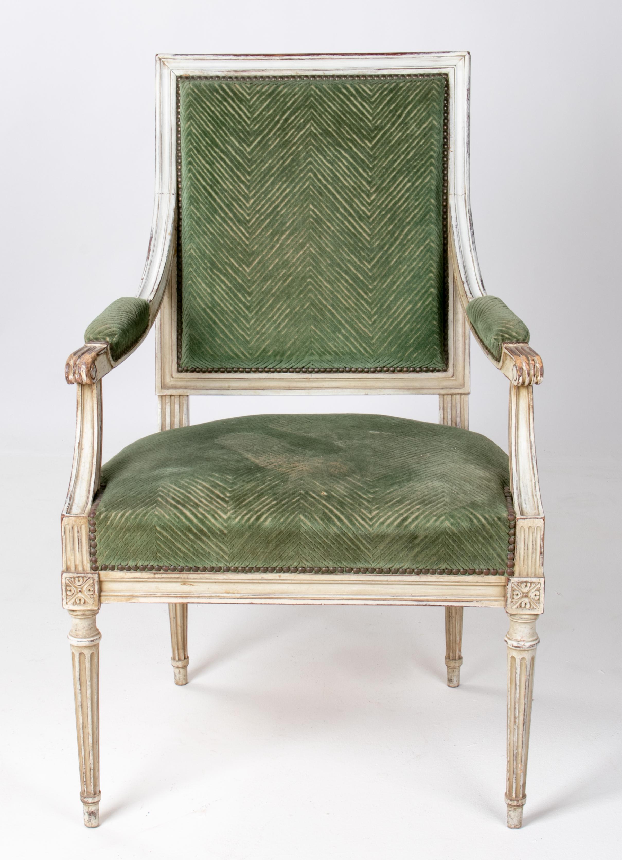 1870s French Louis XVI style white lacquered and velvet upholstered armchair.
            