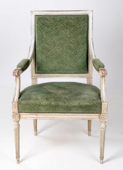 1870s French Louis XVI Style White Lacquered and Velvet Upholstered Armchair