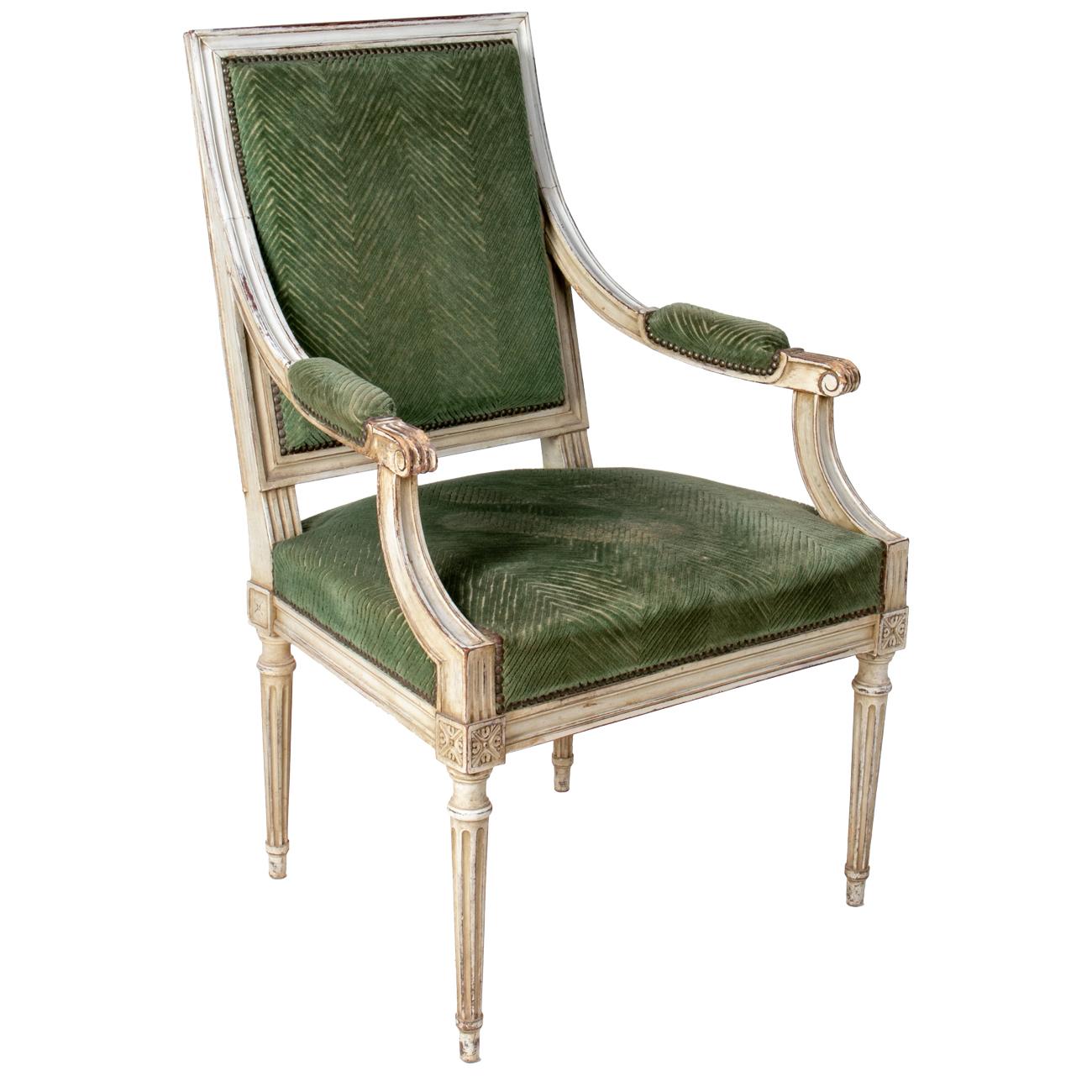 1870s French Louis XVI Style White Lacquered and Velvet Upholstered Armchair