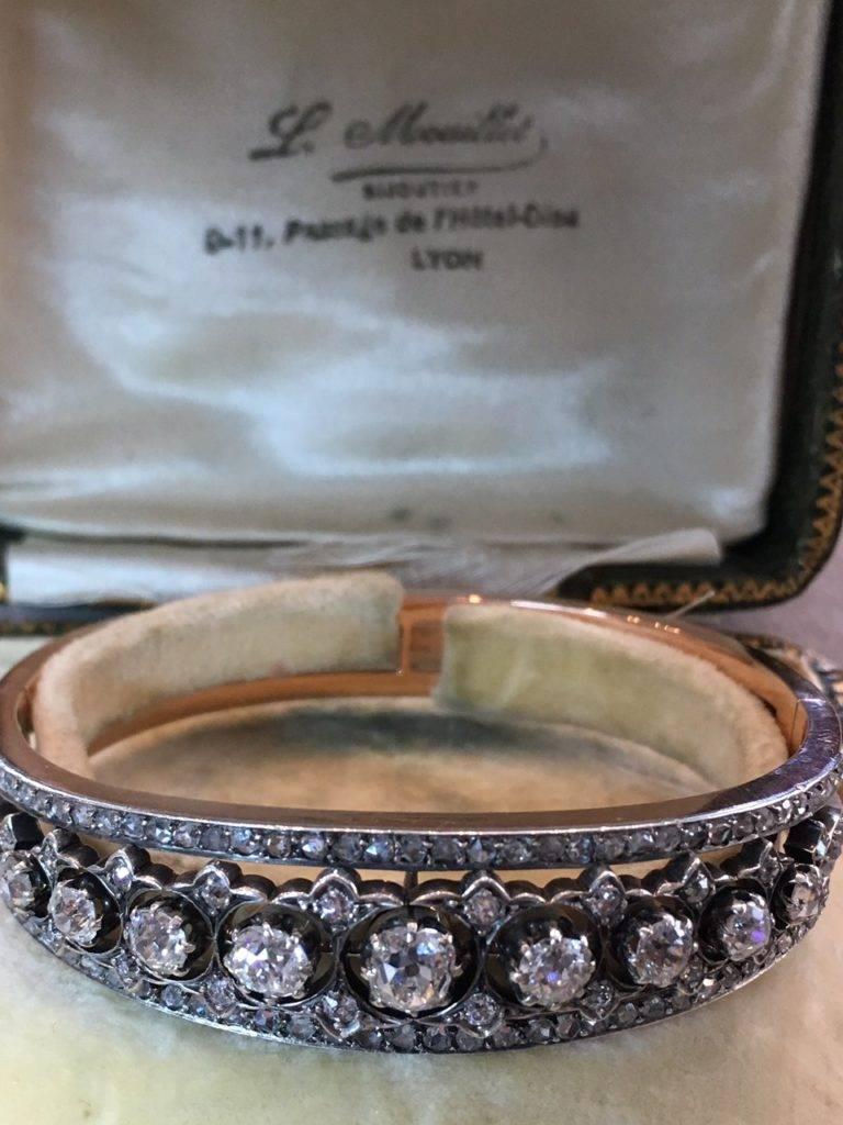 1870s French Napoleon III 18 Karat Gold and Silver Diamond Bangle Bracelet For Sale 5