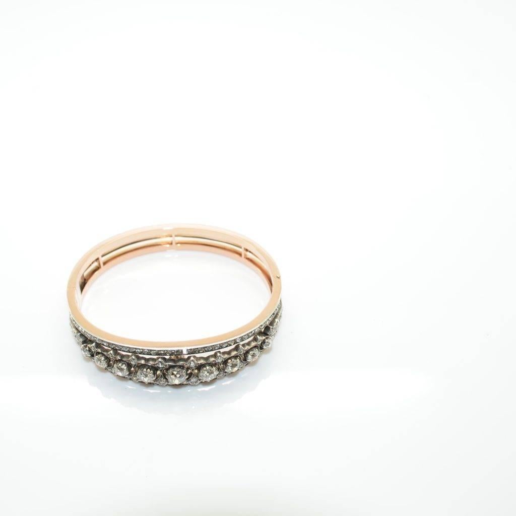 1870s French Napoleon III 18 Karat Gold and Silver Diamond Bangle Bracelet For Sale 1