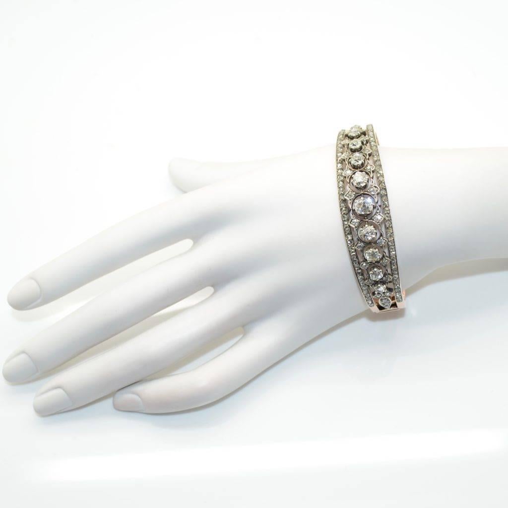 1870s French Napoleon III 18 Karat Gold and Silver Diamond Bangle Bracelet For Sale 3