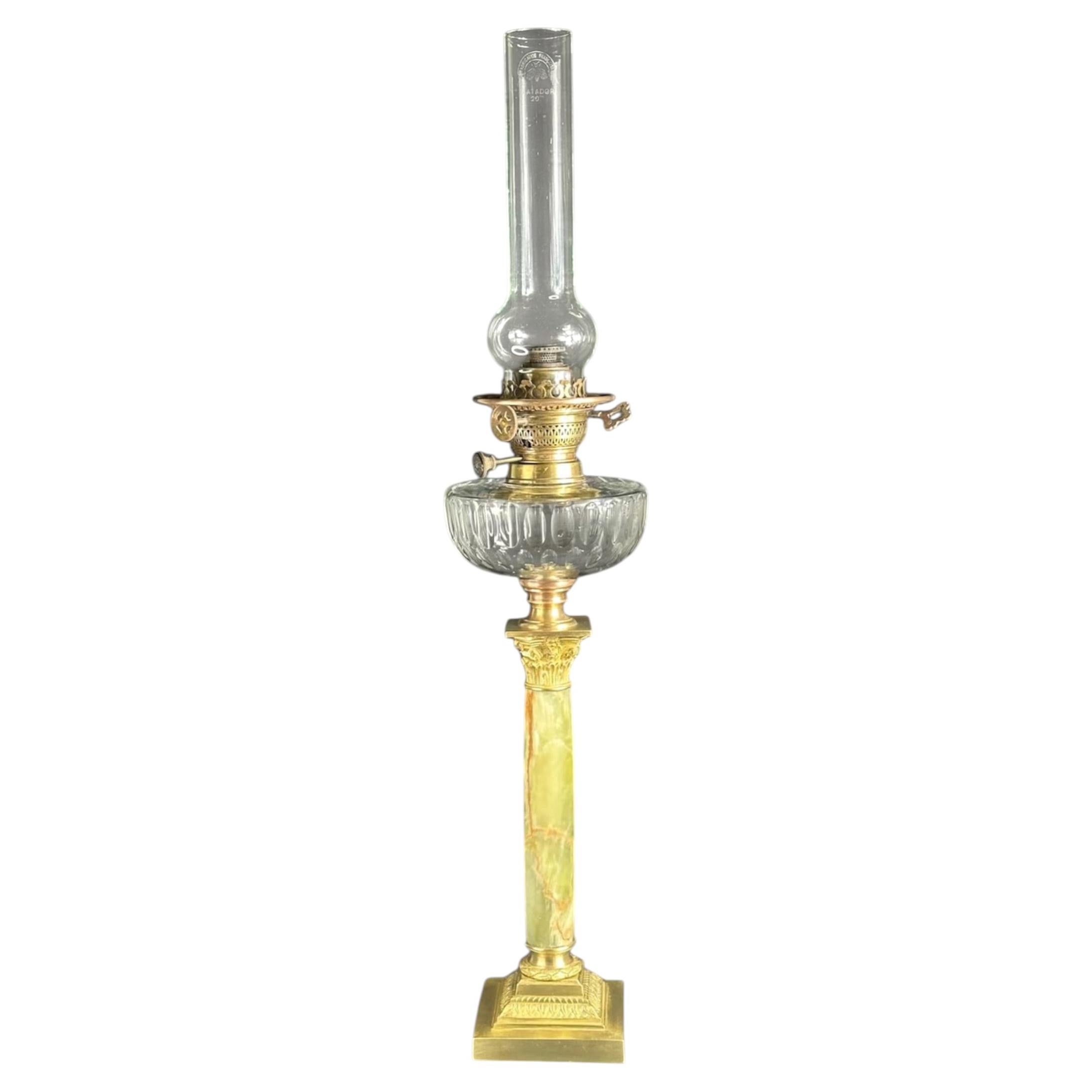1870s French Onyx and Bronze Oil Lamp with Crystal Reservoir - 30.7in For Sale