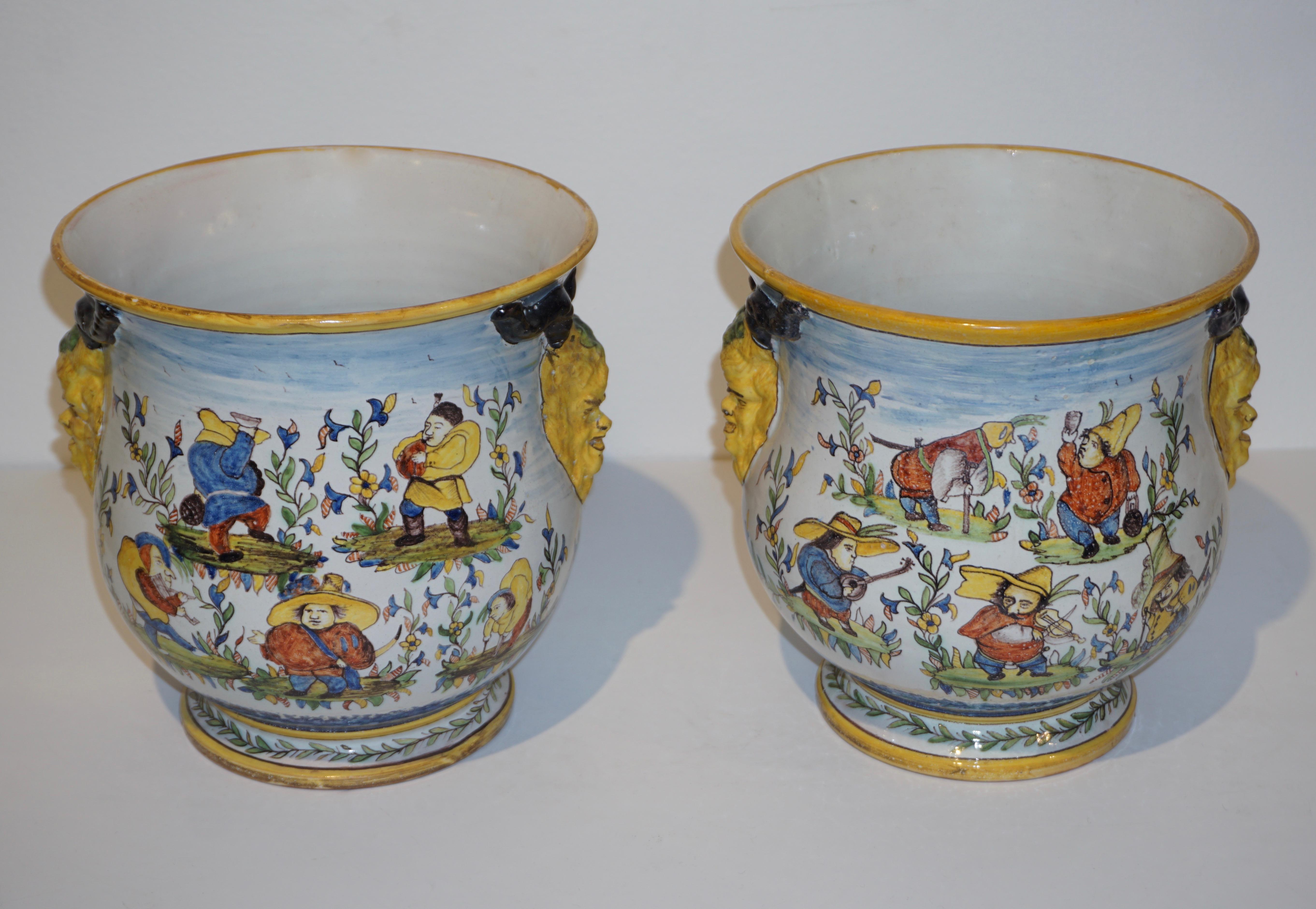 1872-1876, rare pair of fun French faience cachepots with provenance: the manoir 