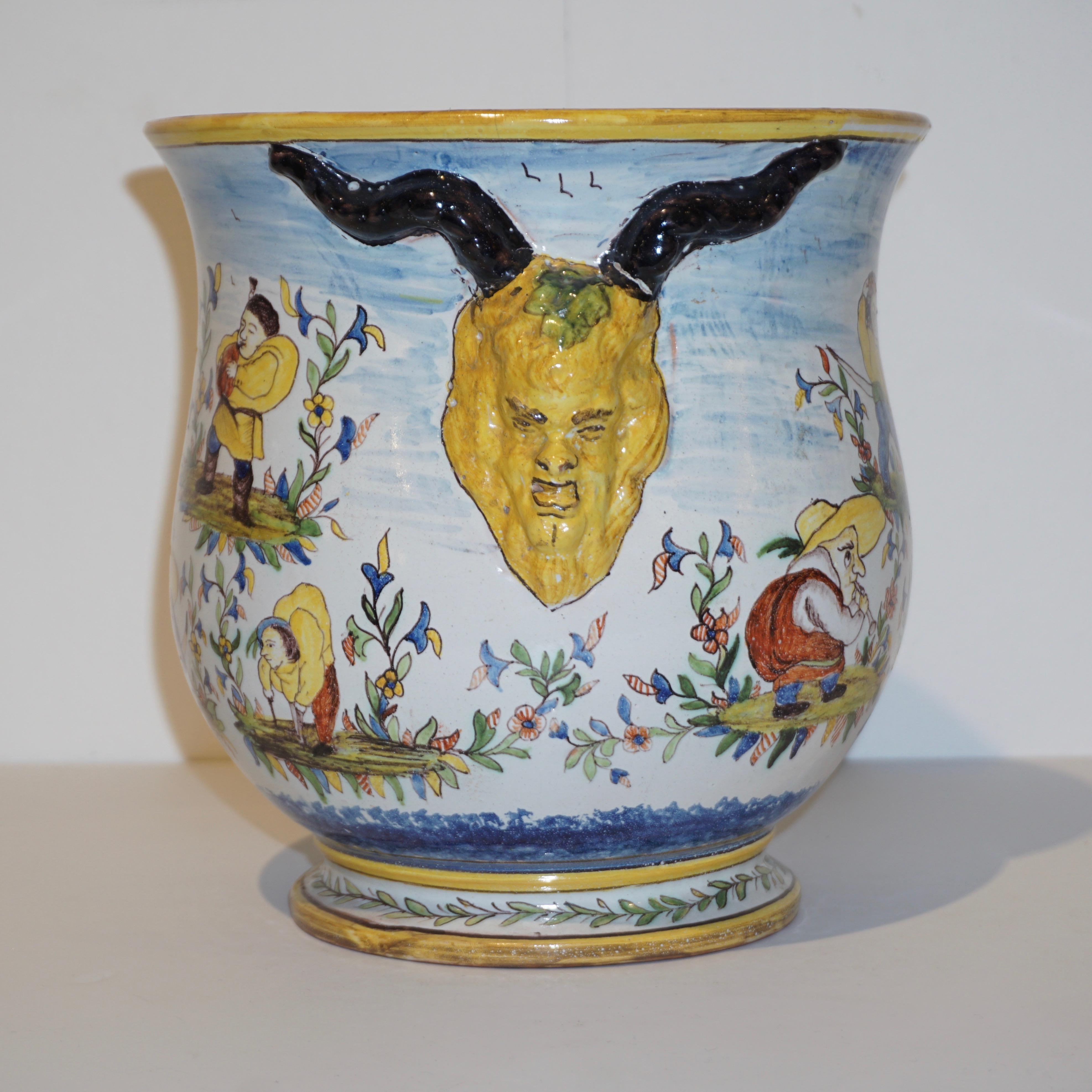 Victorian 1870s French Pair of Yellow Blue Green Red White Majolica Jardinières / Vases For Sale