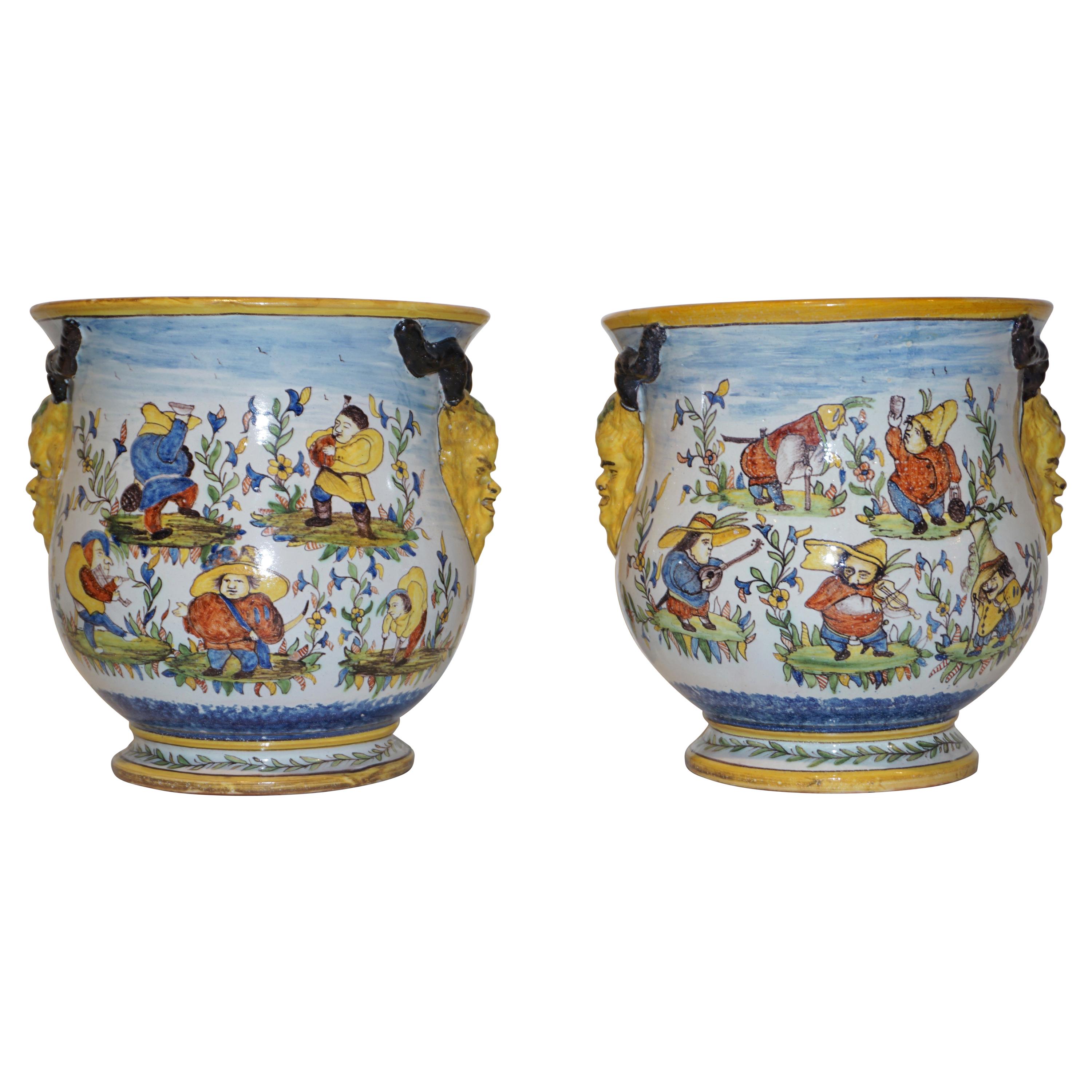 1870s French Pair of Yellow Blue Green Red White Majolica Jardinières / Planters For Sale