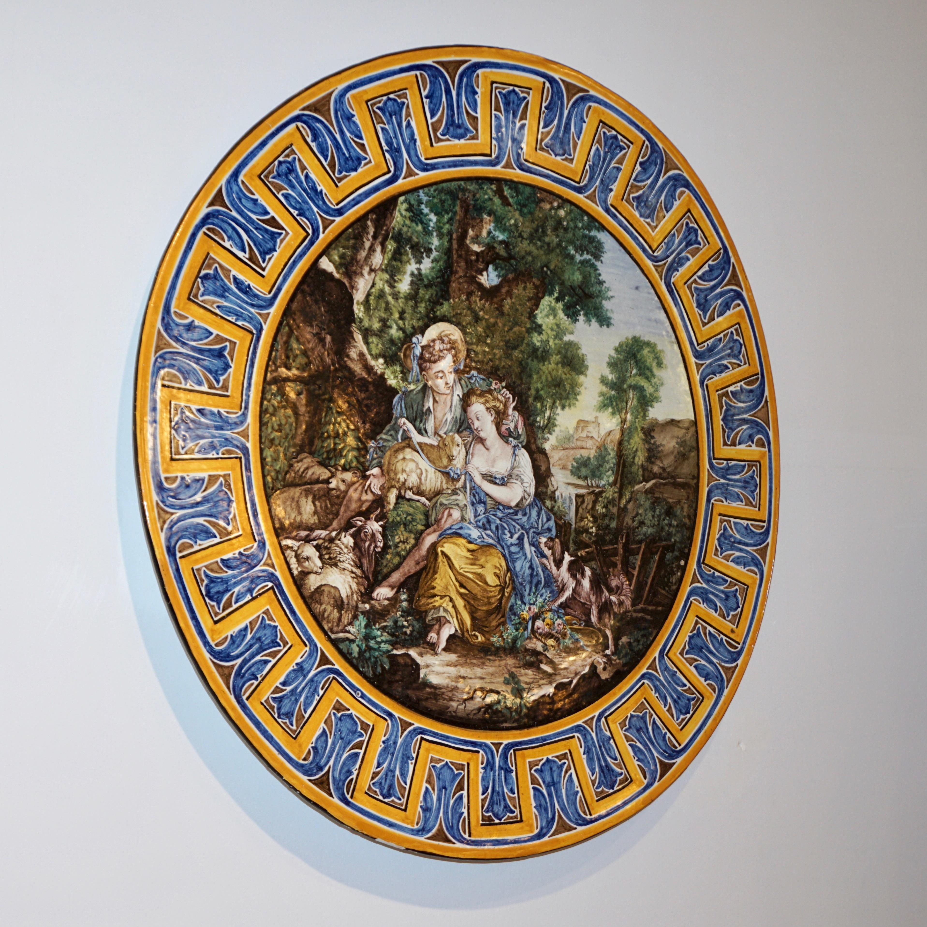 Plaque d'art mural en poterie émaillée jaune, bleue et blanche de style néo-rococo français des années 1870 en vente 8