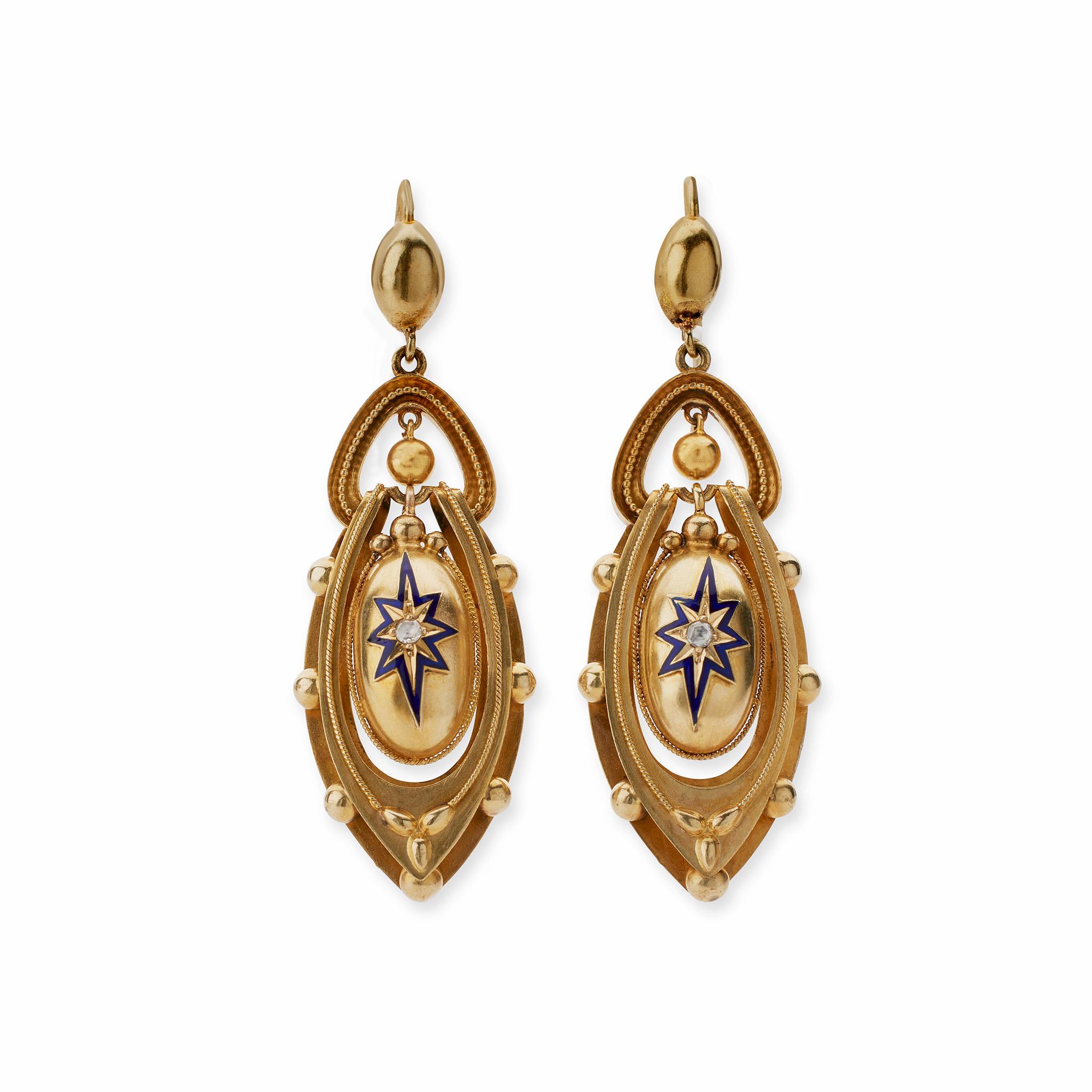 Rose Cut 1870s Gold and Enamel Star Pendant Earrings For Sale
