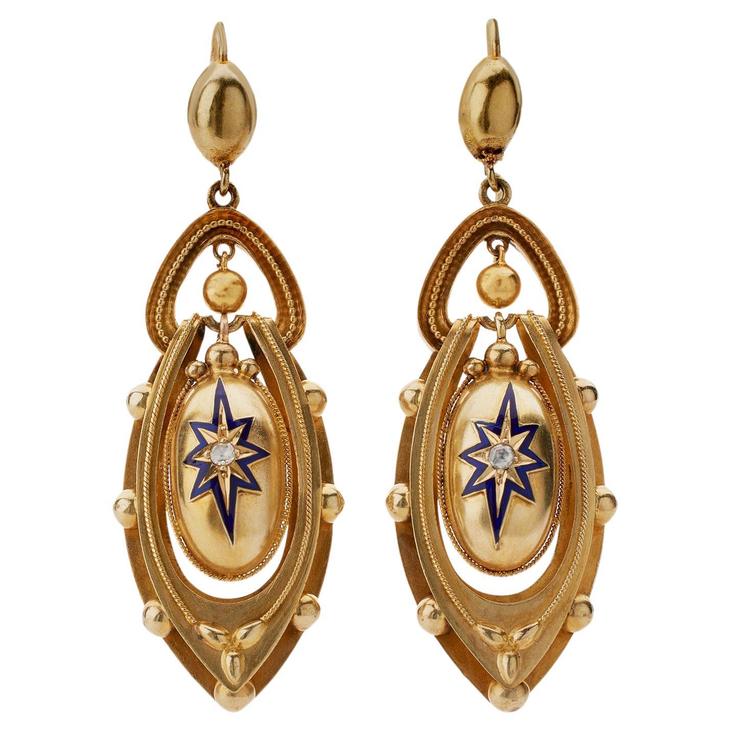 1870s Gold and Enamel Star Pendant Earrings For Sale