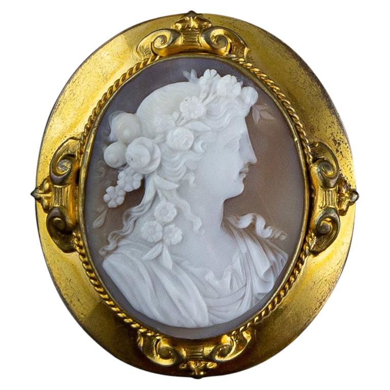 1870s Gold-Finish Metal Antique Brooch with Shell Cameo