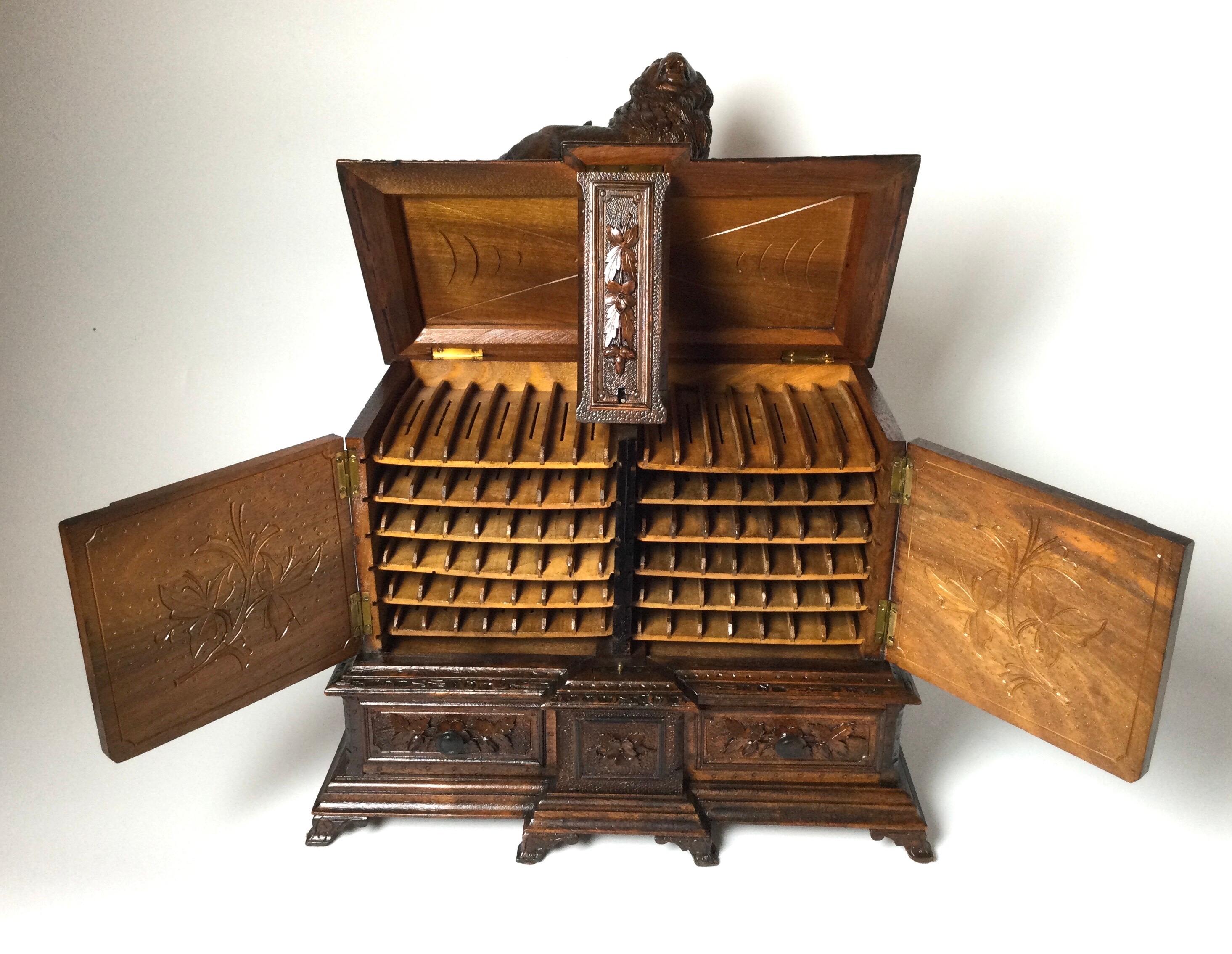 German 1870's Hand Carved Black Forrest Humidor Cigar Cabinet