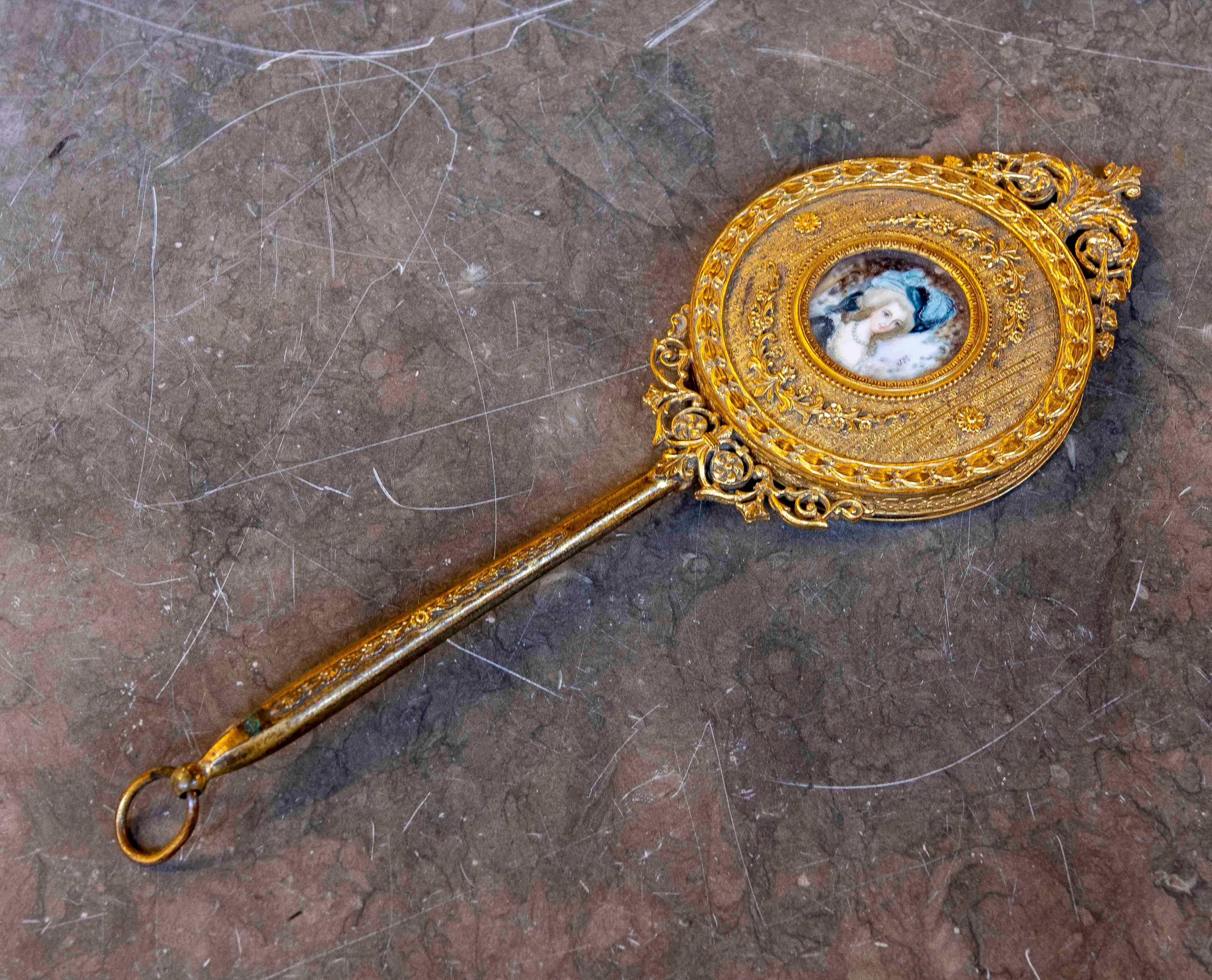 German 1870s Hand Mirror with Decorated Golden Frame & Central Miniature, Baroque Style