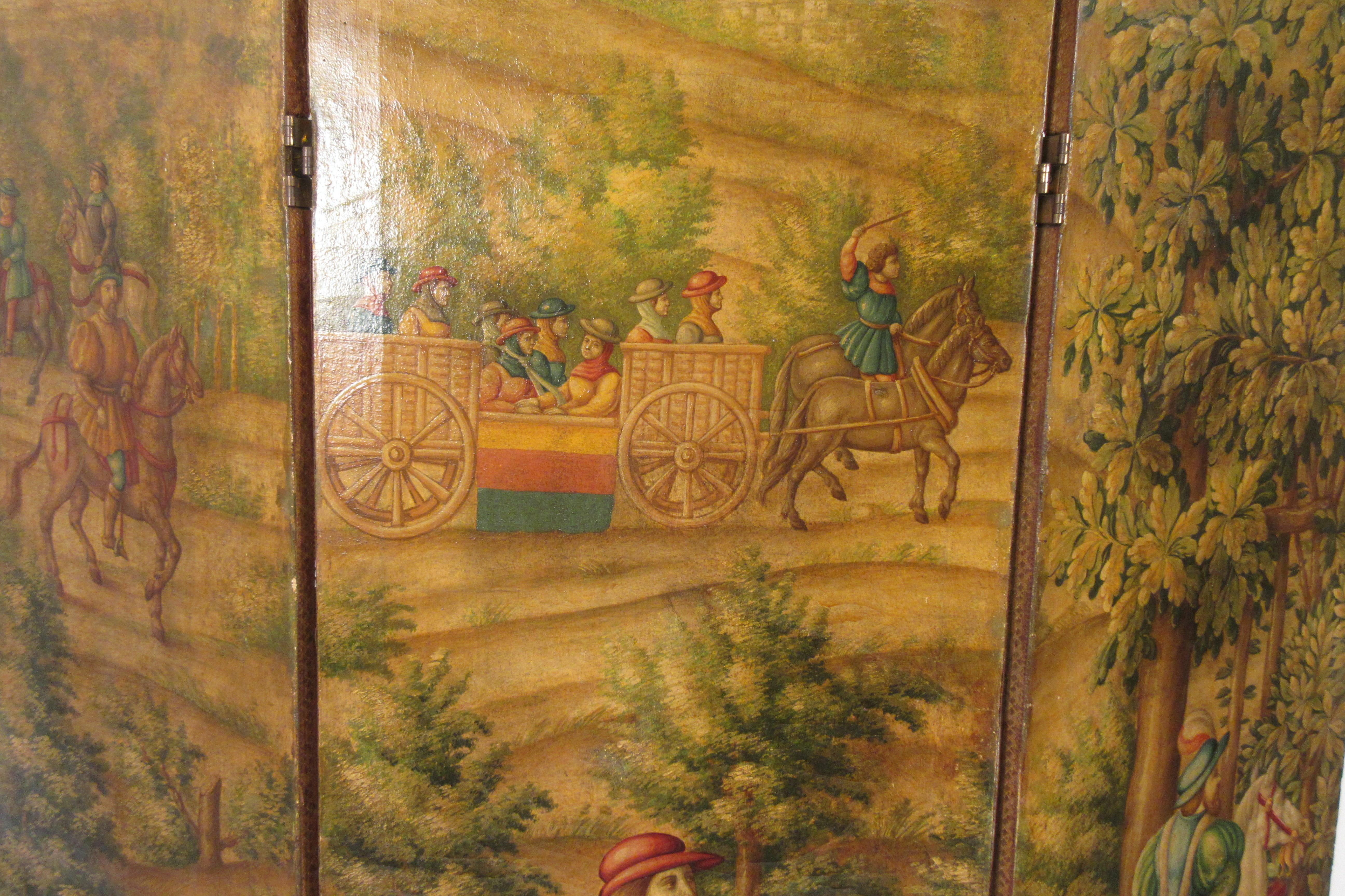 1870s Italian Painted Screen of Hunters on Hoses with Dogs 6