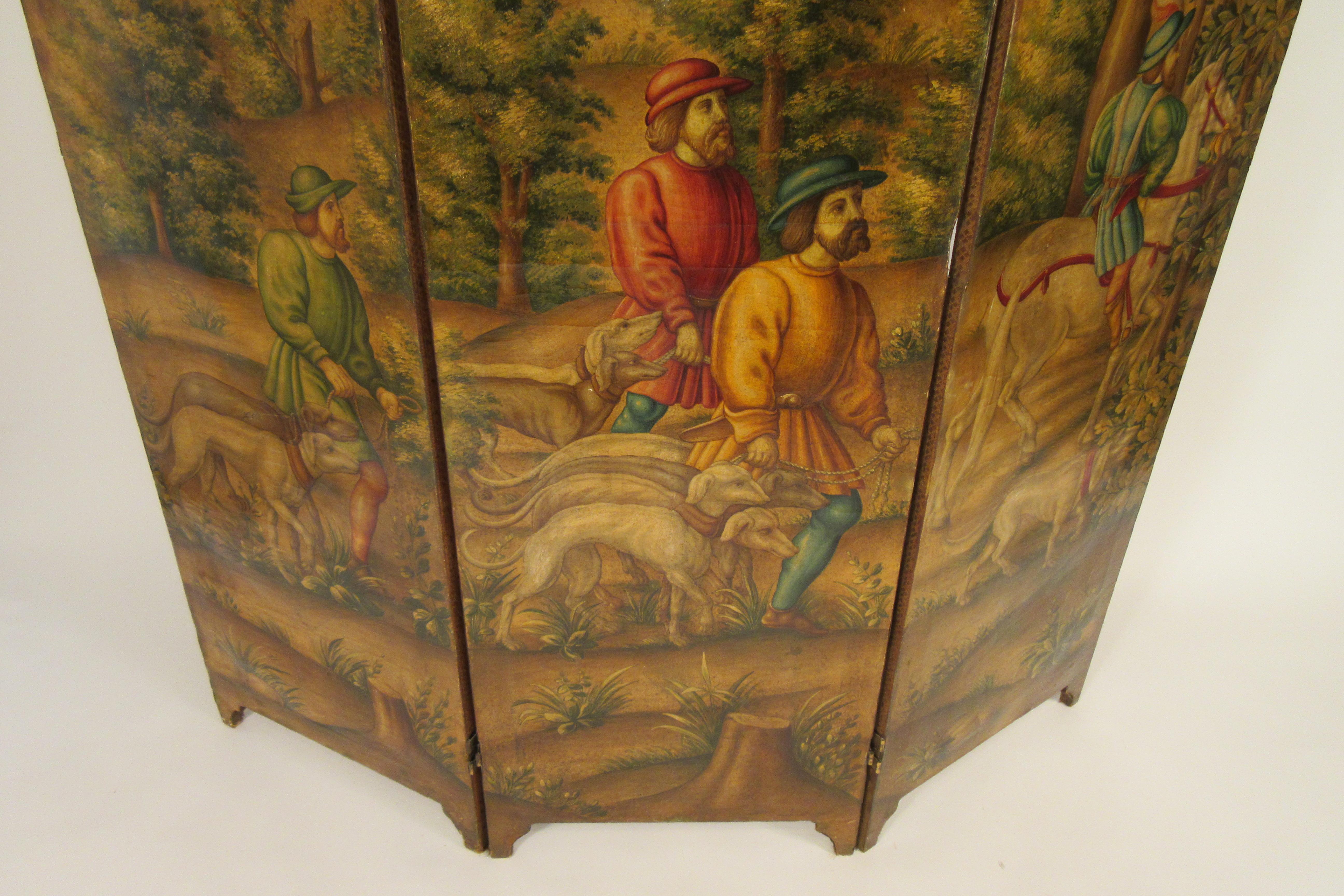 1870s Italian Painted Screen of Hunters on Hoses with Dogs 7