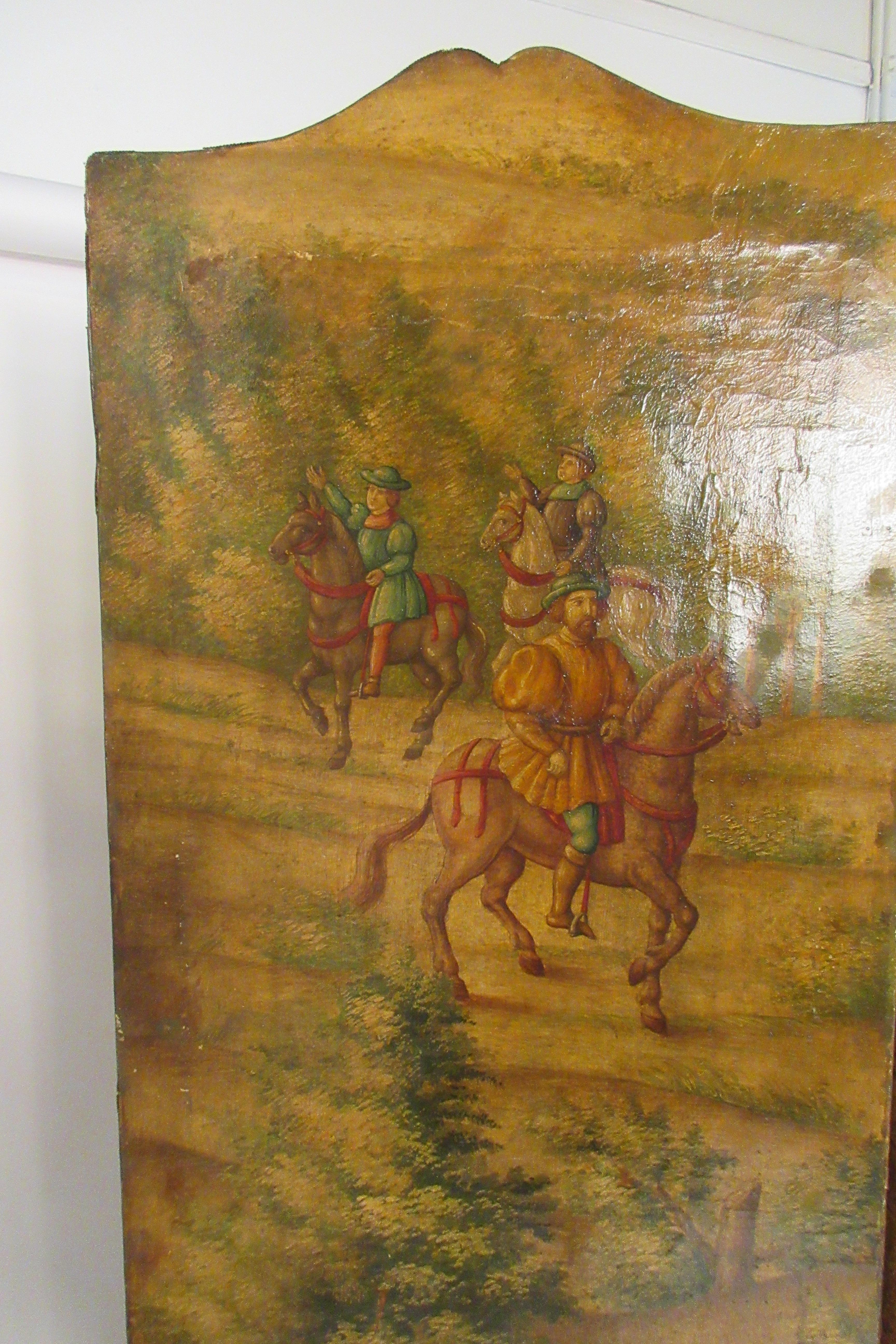 1870s Italian Painted Screen of Hunters on Hoses with Dogs 8