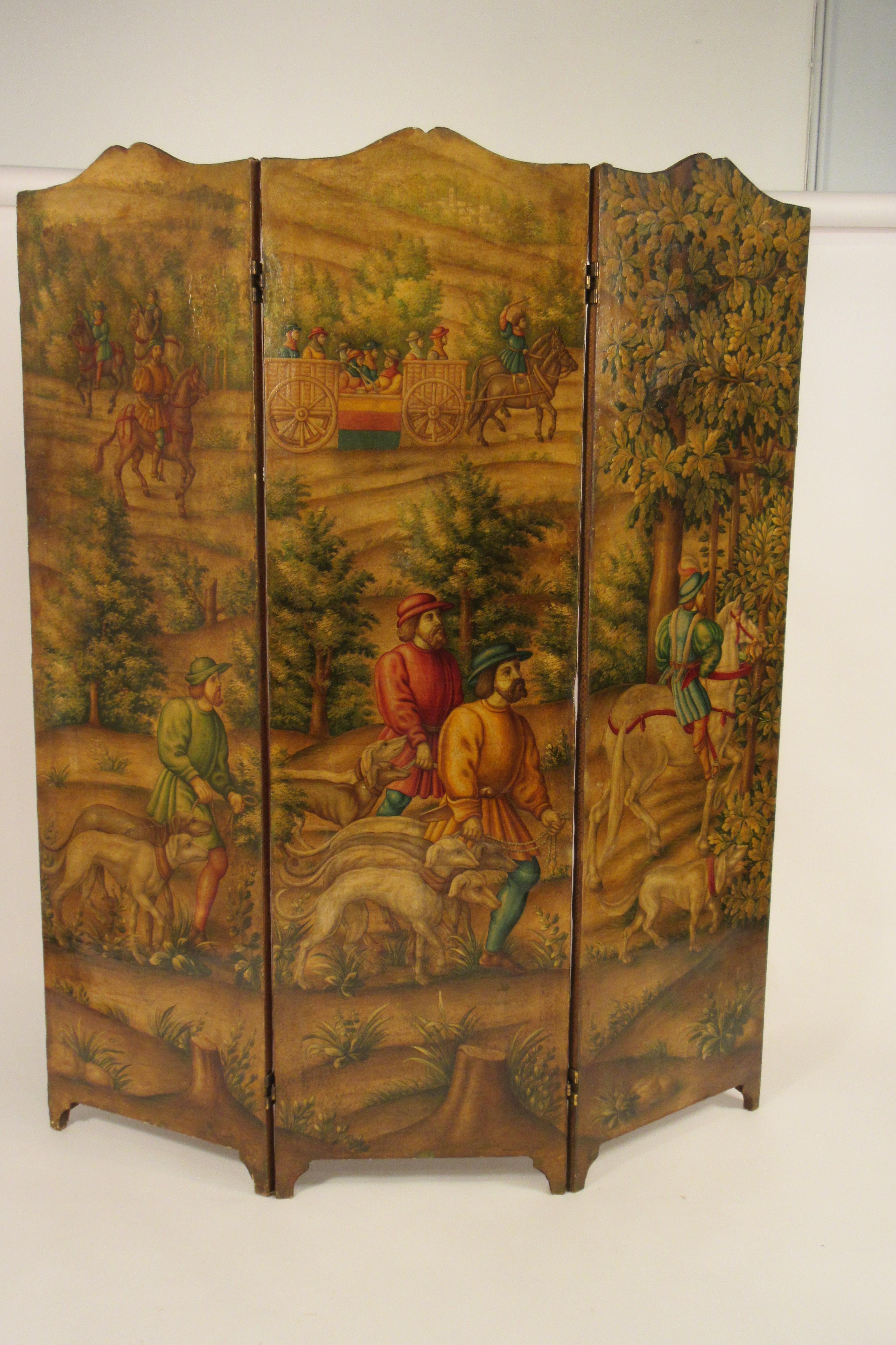 1870s Italian painted 3 panel screen of hunters on horses with dogs. Each panels width is 20”.