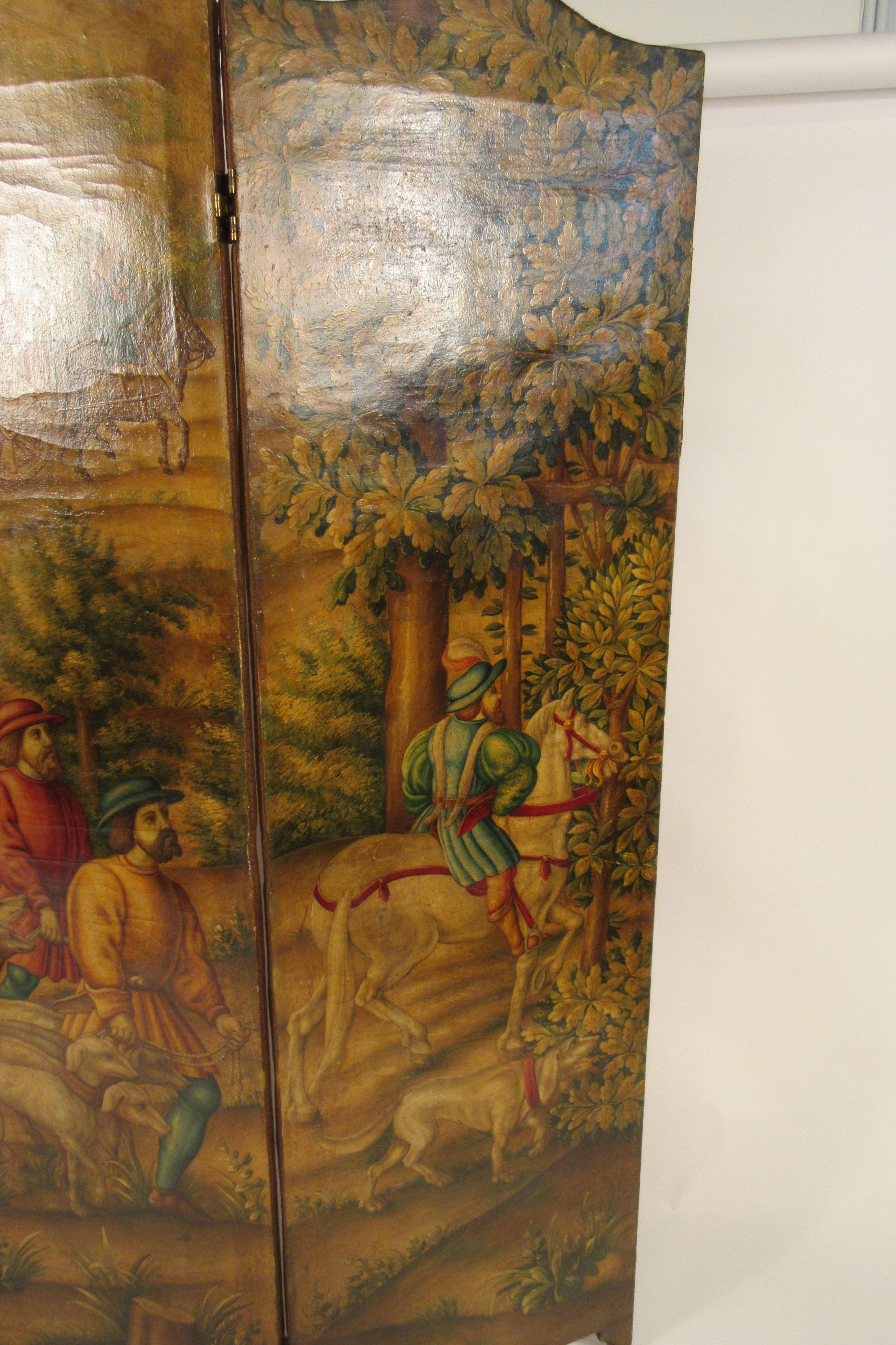 1870s Italian Painted Screen of Hunters on Hoses with Dogs In Good Condition In Tarrytown, NY